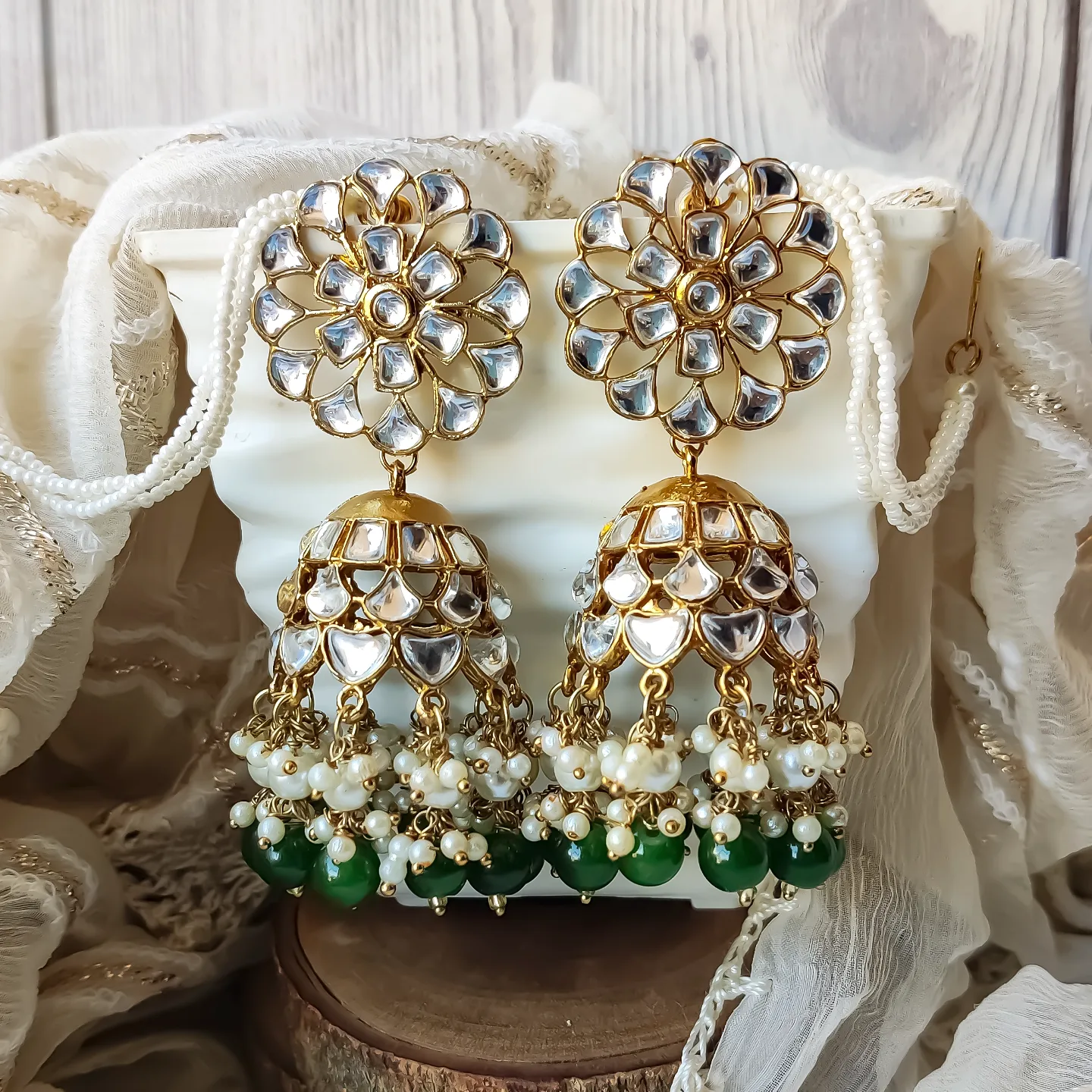 Indra Kundan Cutwork Jhumka Earrings - Green - Image 3