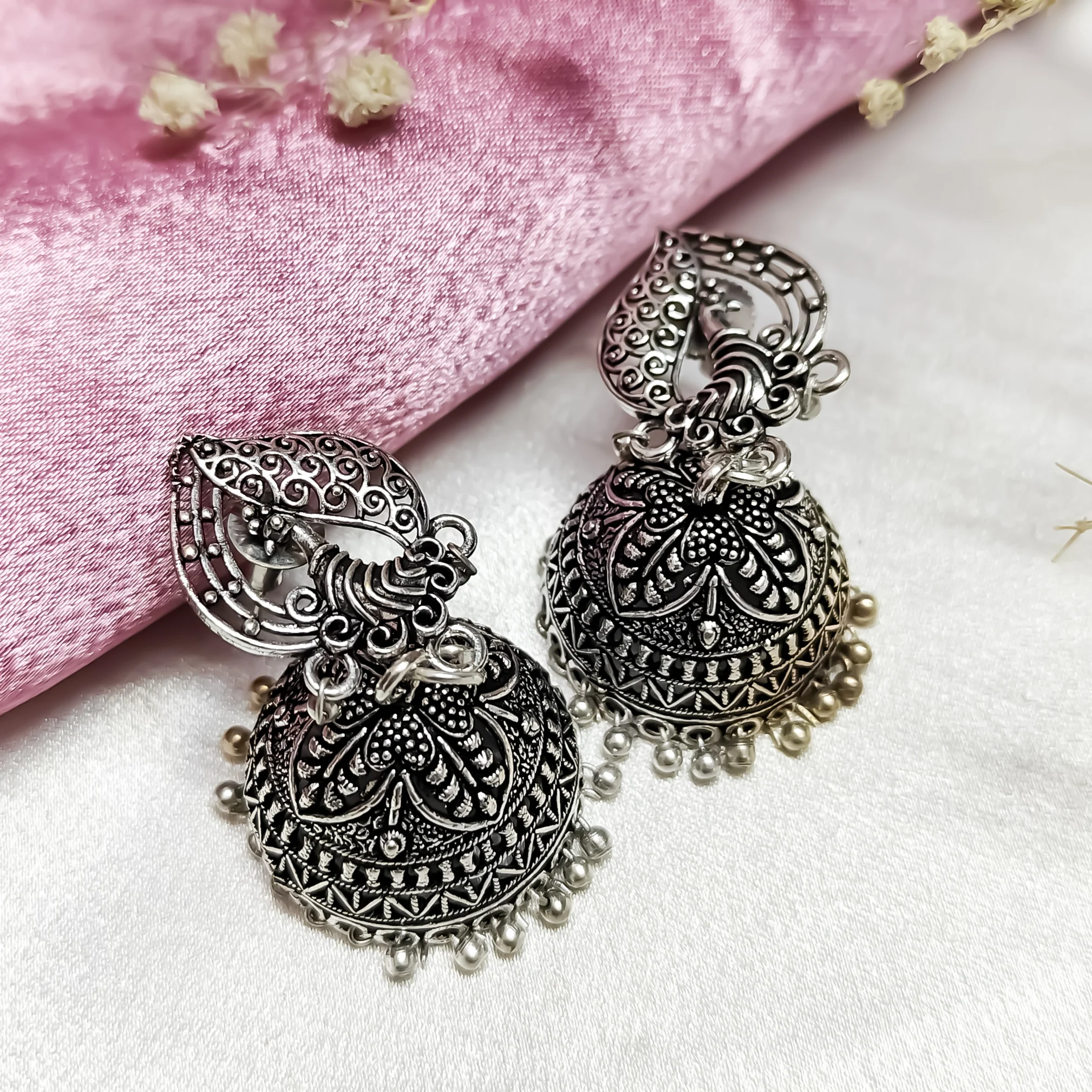 Intricate Peacock Motif work Jhumka Earrings - Image 3