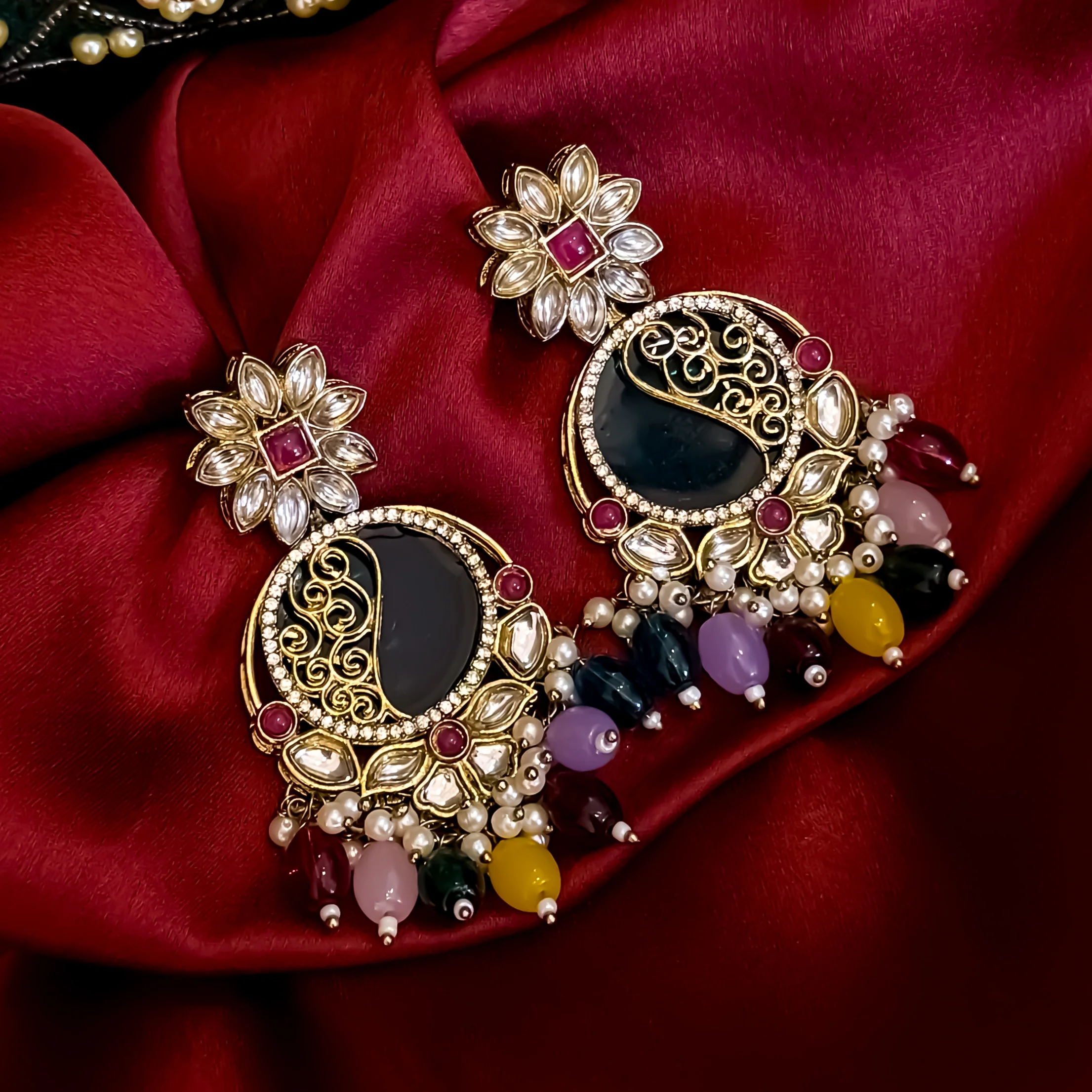 Ishika Premium Cutwork MOP Premium Chandbali Earrings - Multi - Image 3