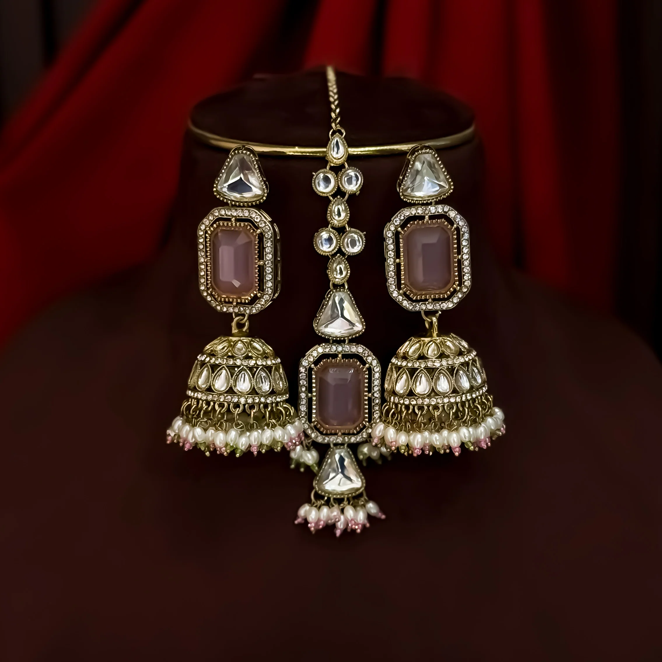Israni Premium Kundan Long & Short Necklace Set - Pastel Green & Pink - Image 2