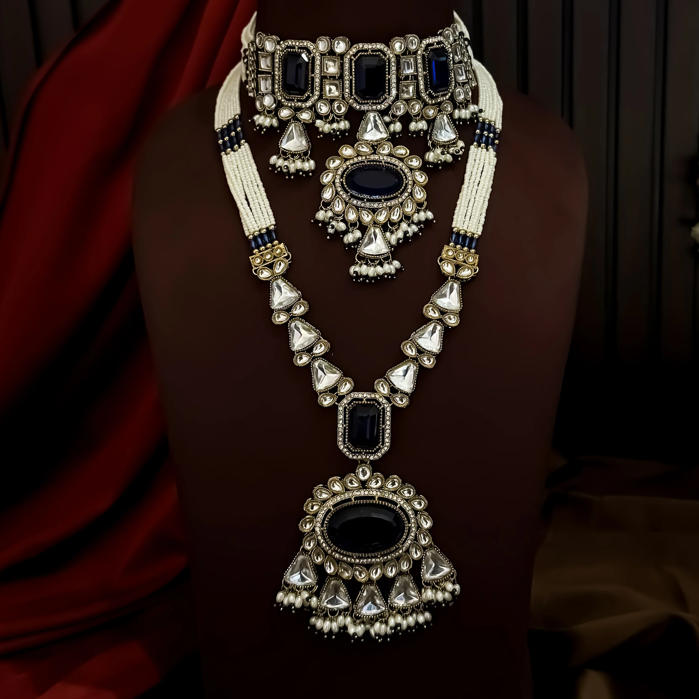 Israni Premium Kundan Long & Short Necklace Set - Royal Blue - Image 3