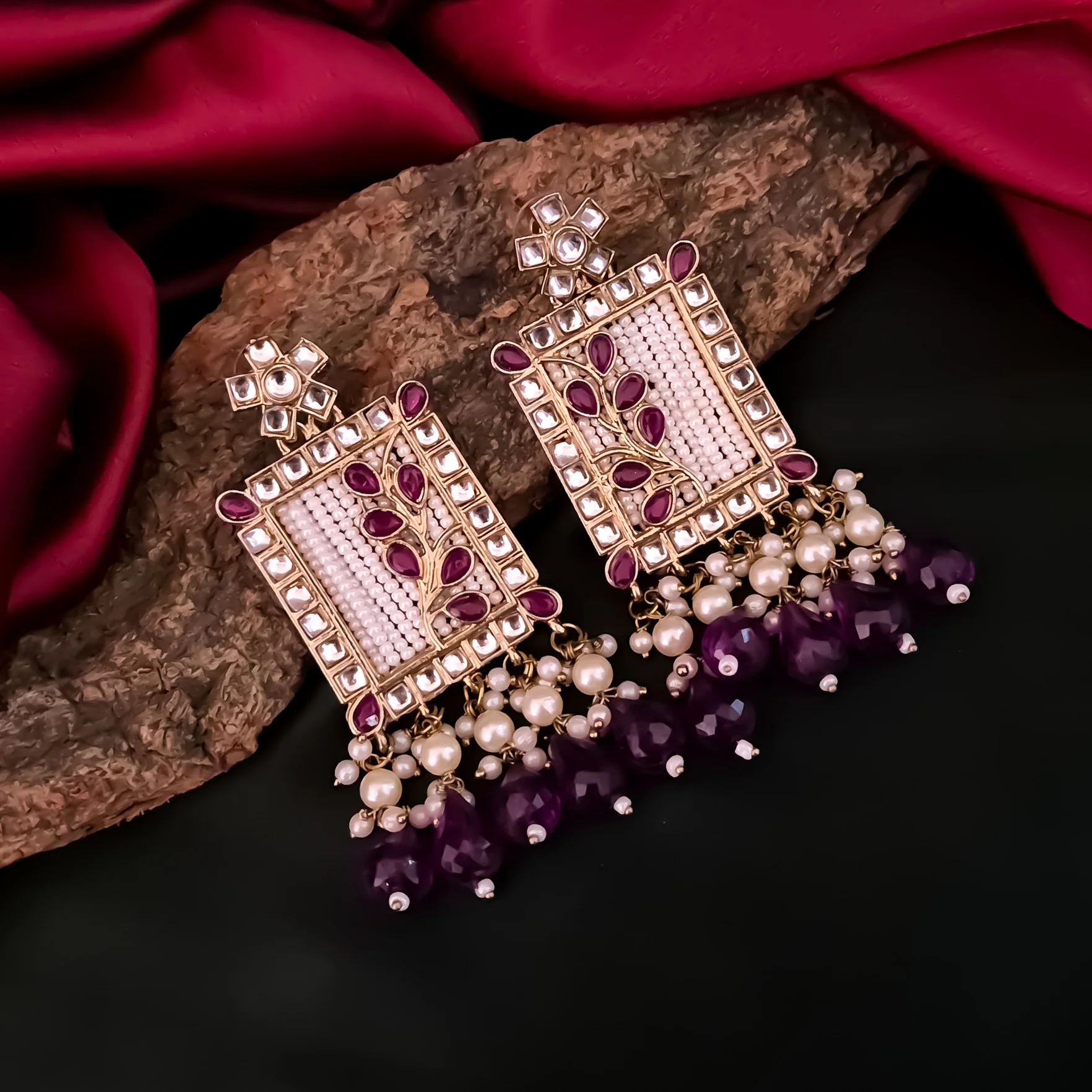 Janki Kundan Pearl  Earrings - Purple - Image 2