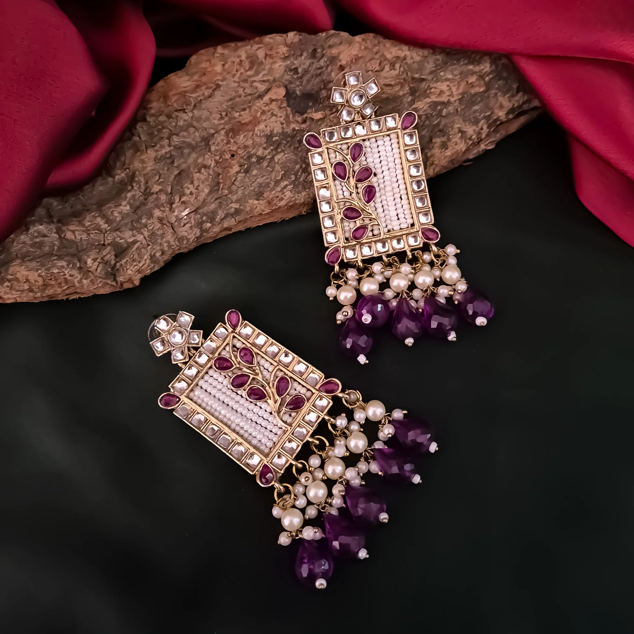 Janki Kundan Pearl  Earrings - Purple - Image 3