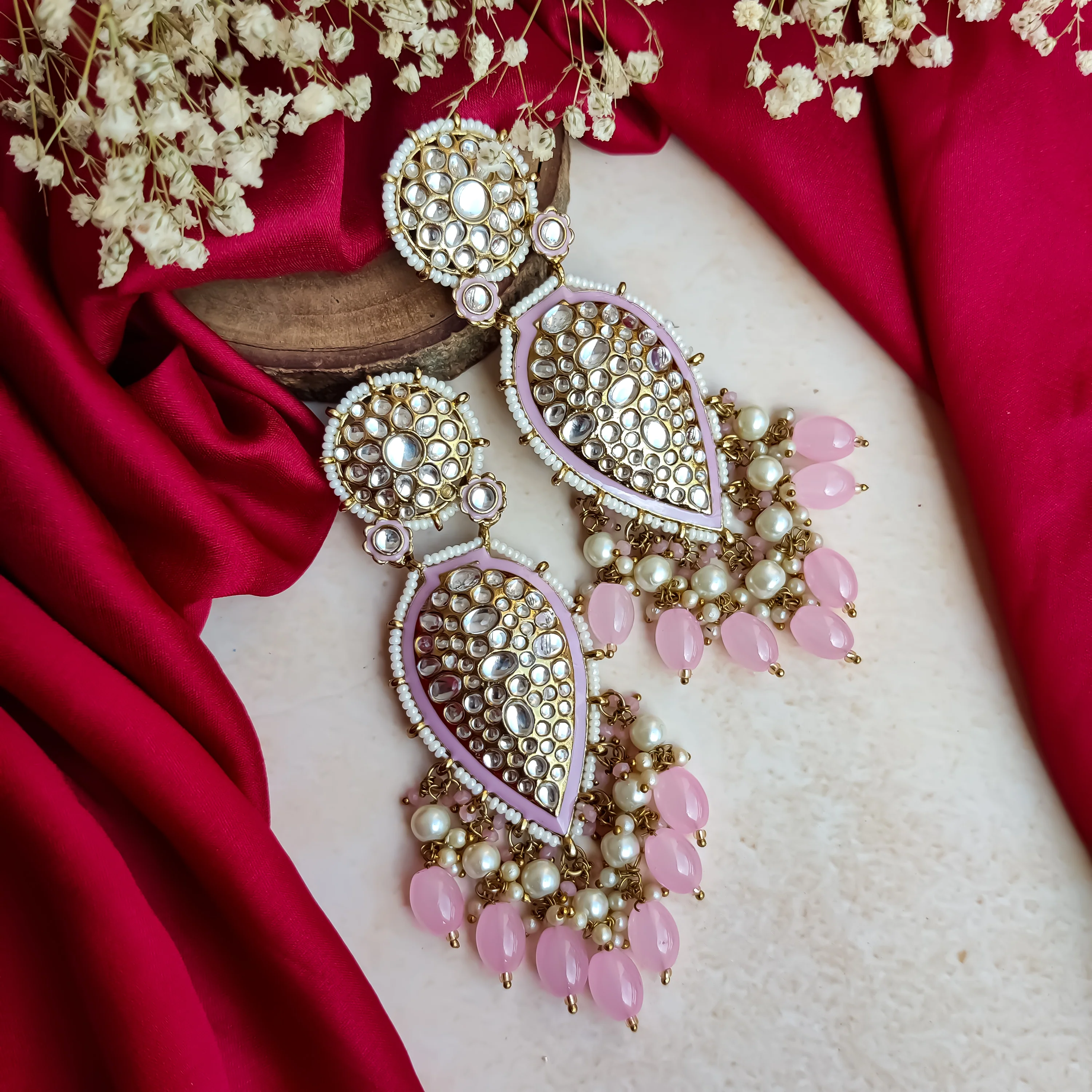 Jannat Pearl Drop Dangler Chandbali Earring - Baby Pink - Image 3