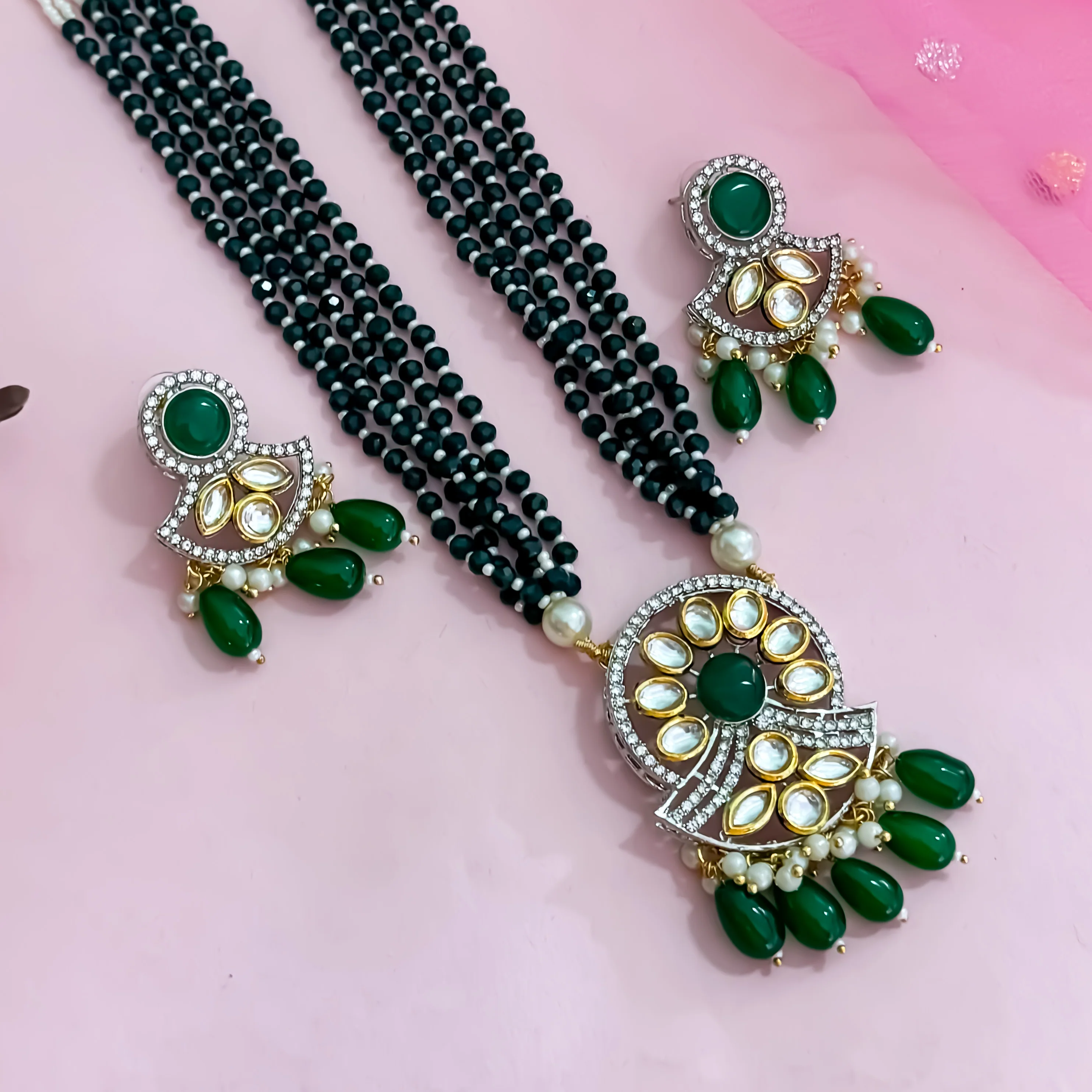Jasneer Kundan Raani-Haar Necklace Set - Green - Image 3