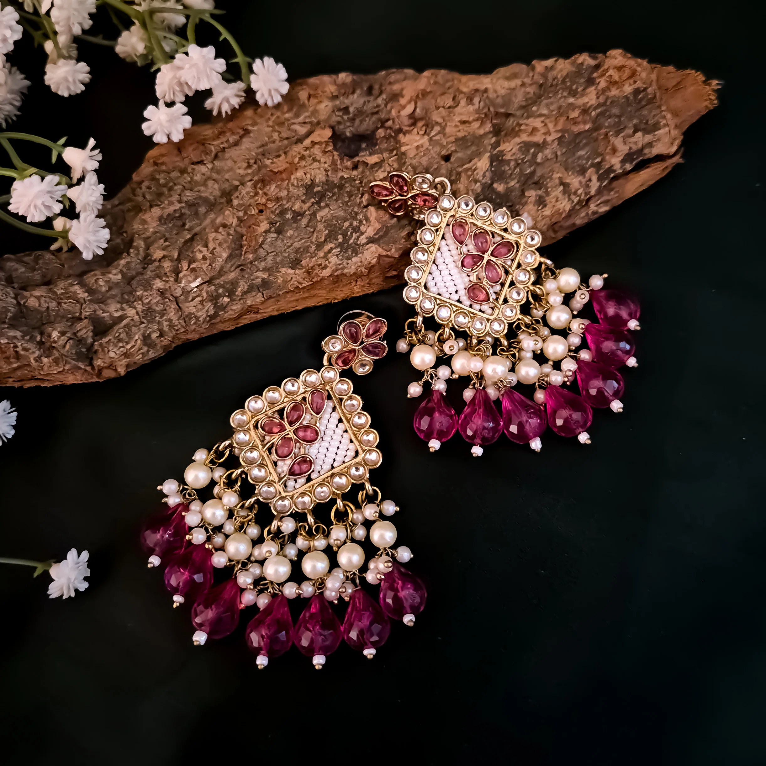 Jayati Kundan Pearl  Earrings - Wine - Image 3