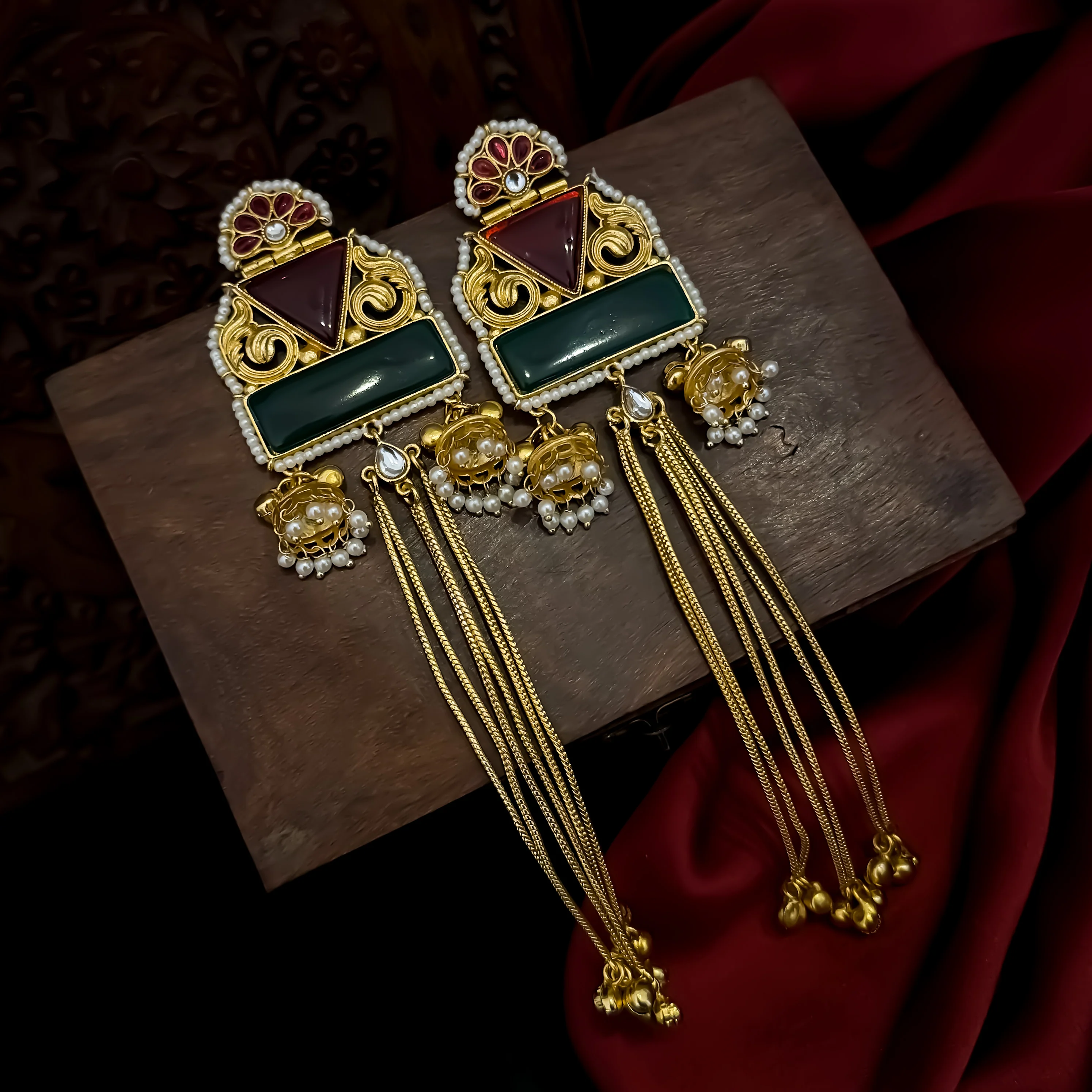 Jeenal Kashmiri Brass Ghungroo Earrings - Maroon & Green - Image 2
