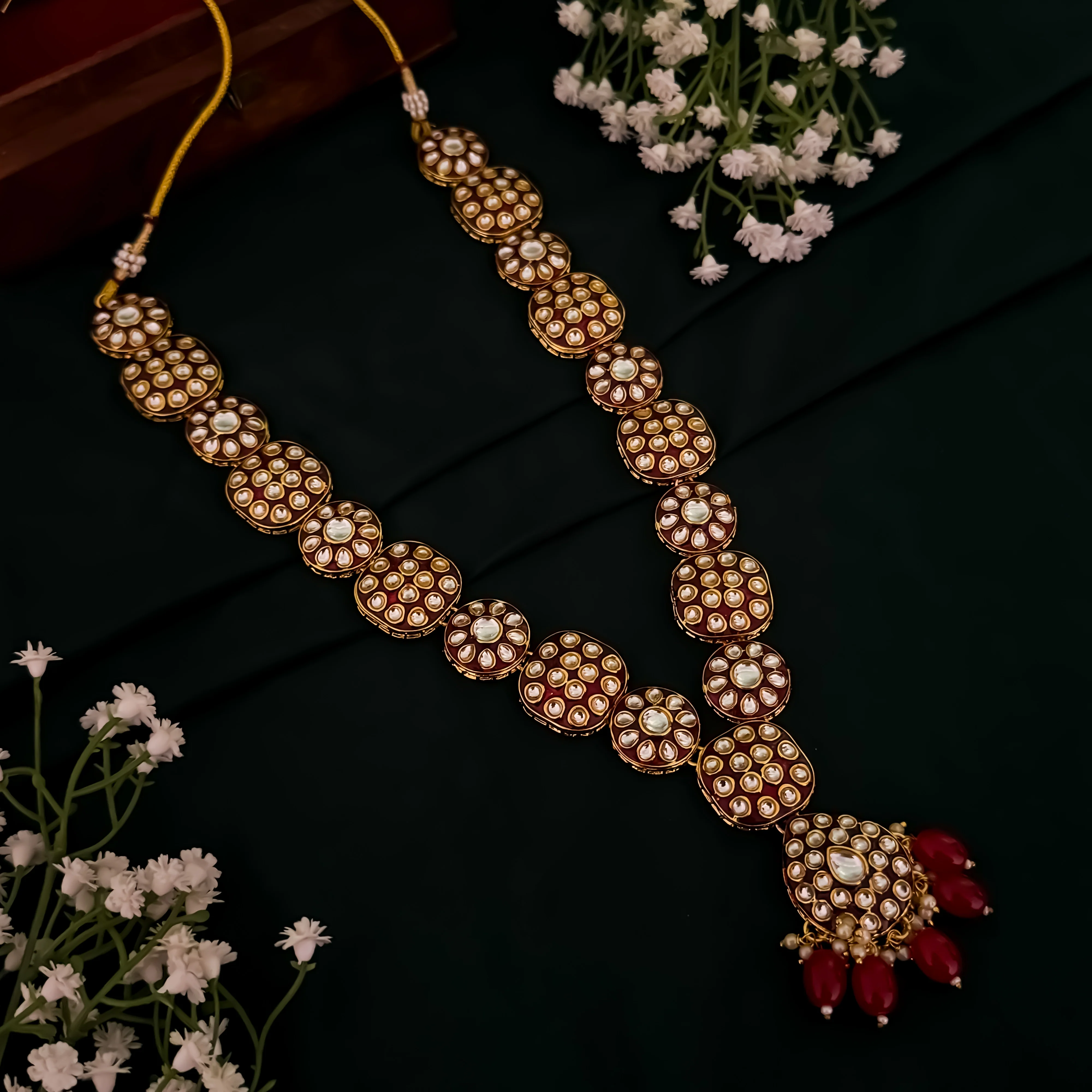 Jubina Meenakari Kundan Long Necklace Set- Maroon - Image 5