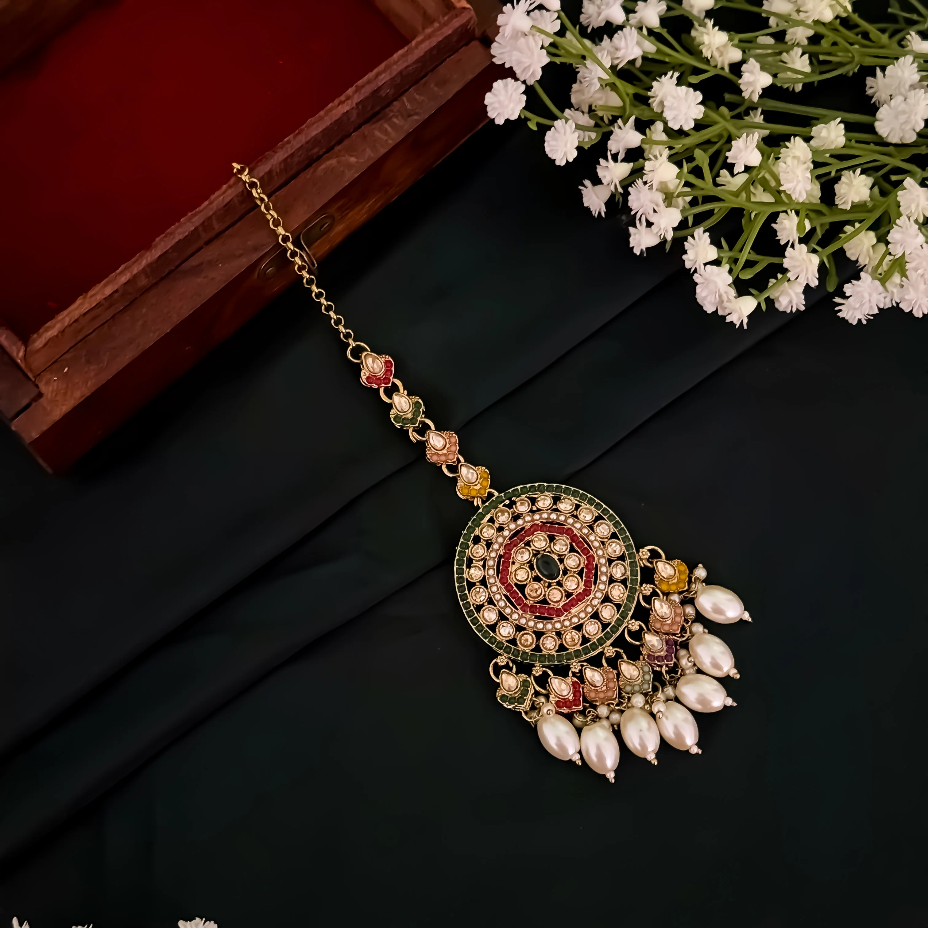 Junaira Jadau Reverse AD Necklace Set with Sahara Earrings & Teeka - Multi - Image 5