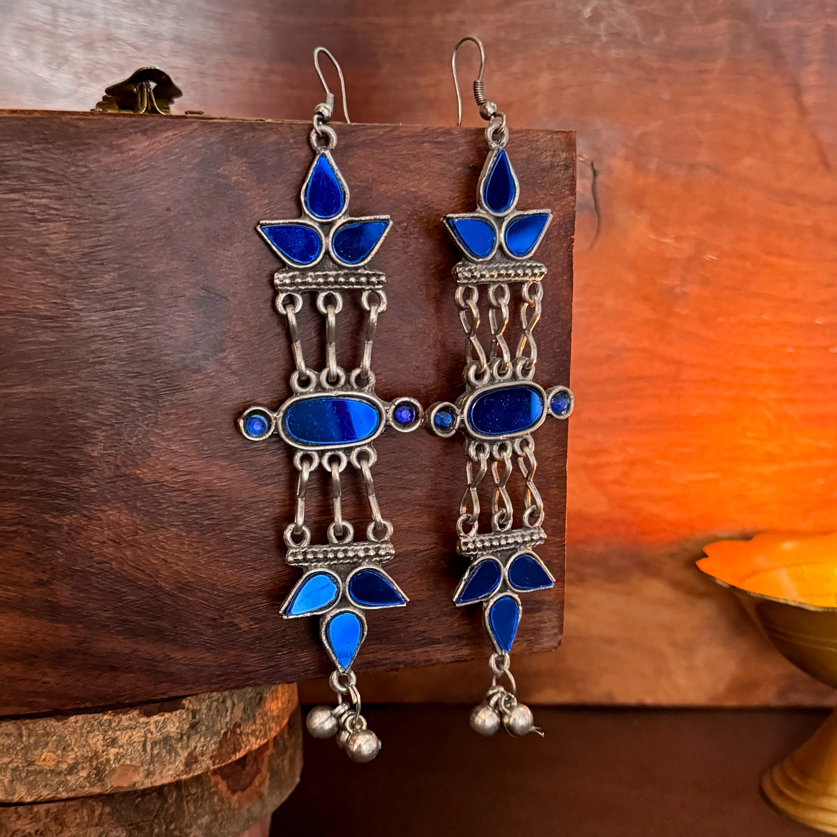 Vasundhara Afghani Vintage Mirror Earrings - Blue - Image 3