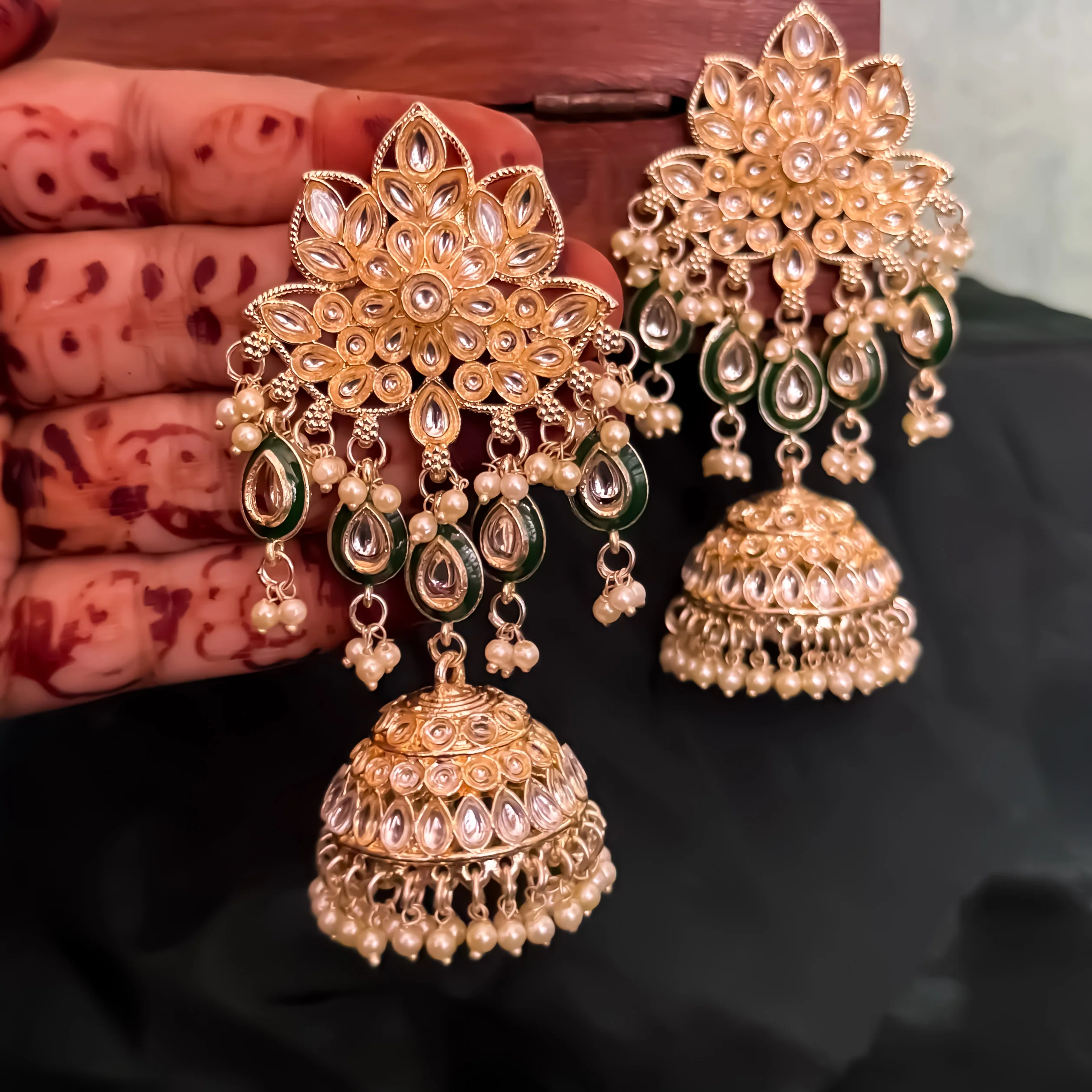 Kasee Kundan Jhumka Earrings - Golden - Image 2