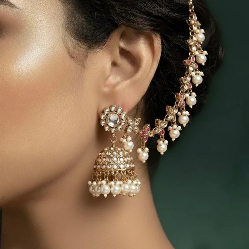 Kashi Kundan Jhumka Earrings with Sahara/Earchains - Golden - Image 5