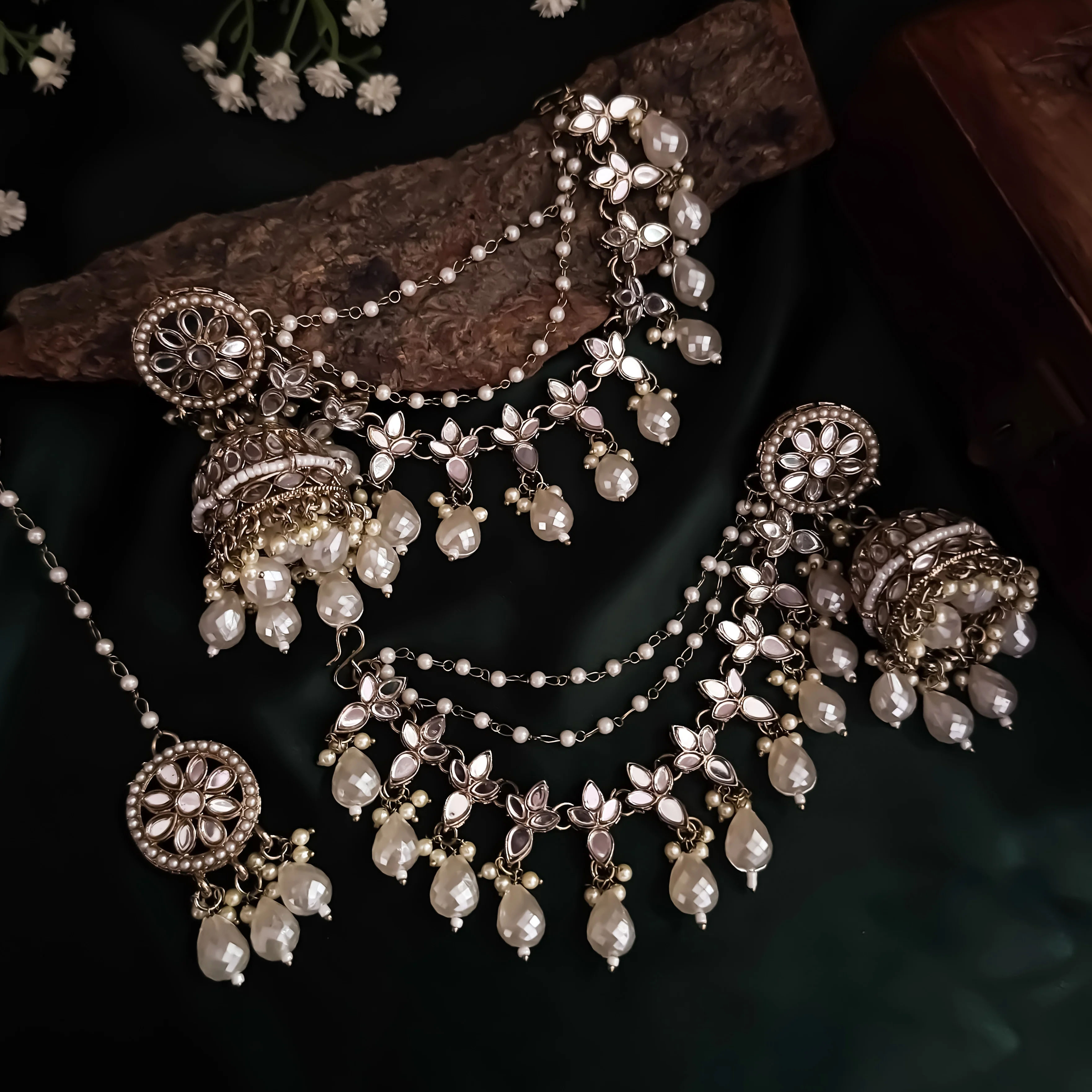 Kashish Jadau Mirror Jhumka Earrings with Sahara/Earchains - Golden - Image 2