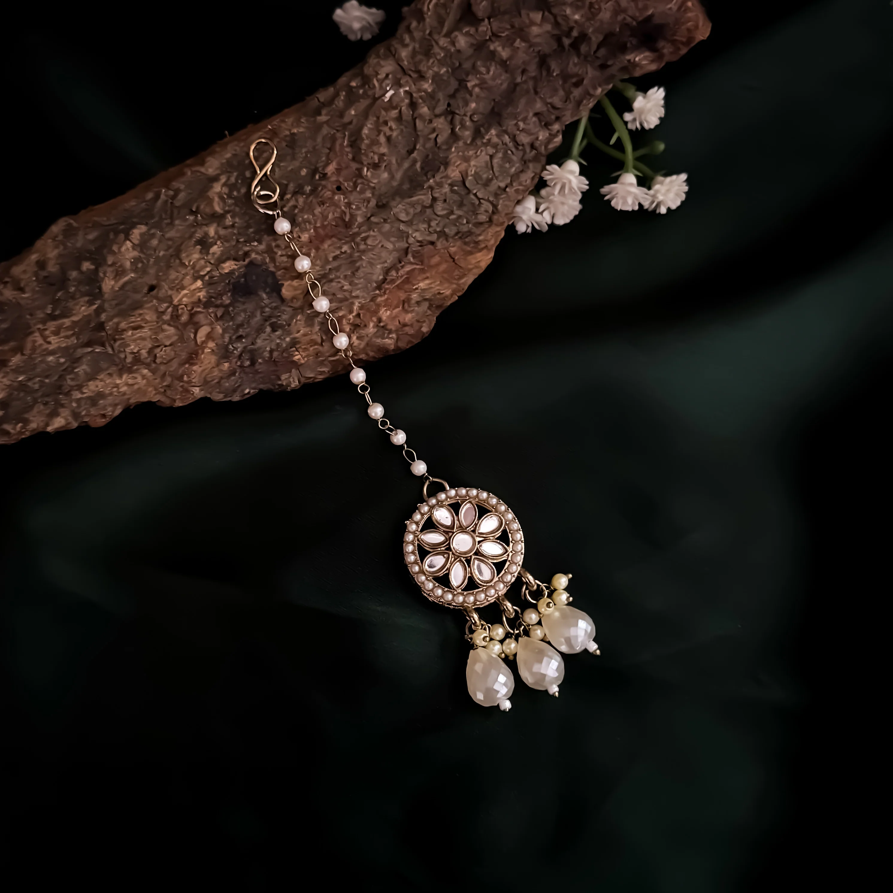 Kashish Jadau Mirror Jhumka Earrings with Sahara/Earchains - Golden - Image 4