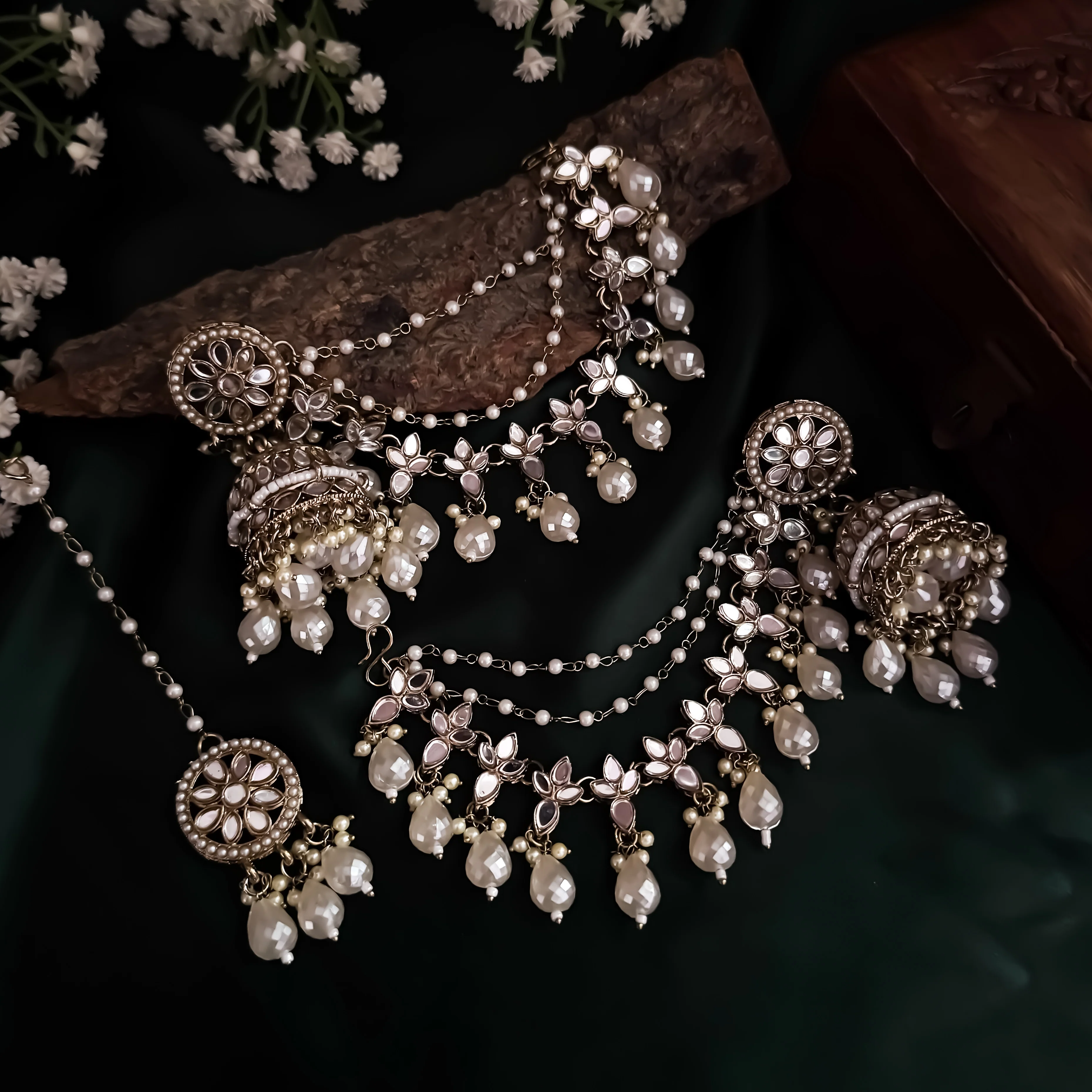 Kashish Jadau Mirror Jhumka Earrings with Sahara/Earchains - Golden - Image 6