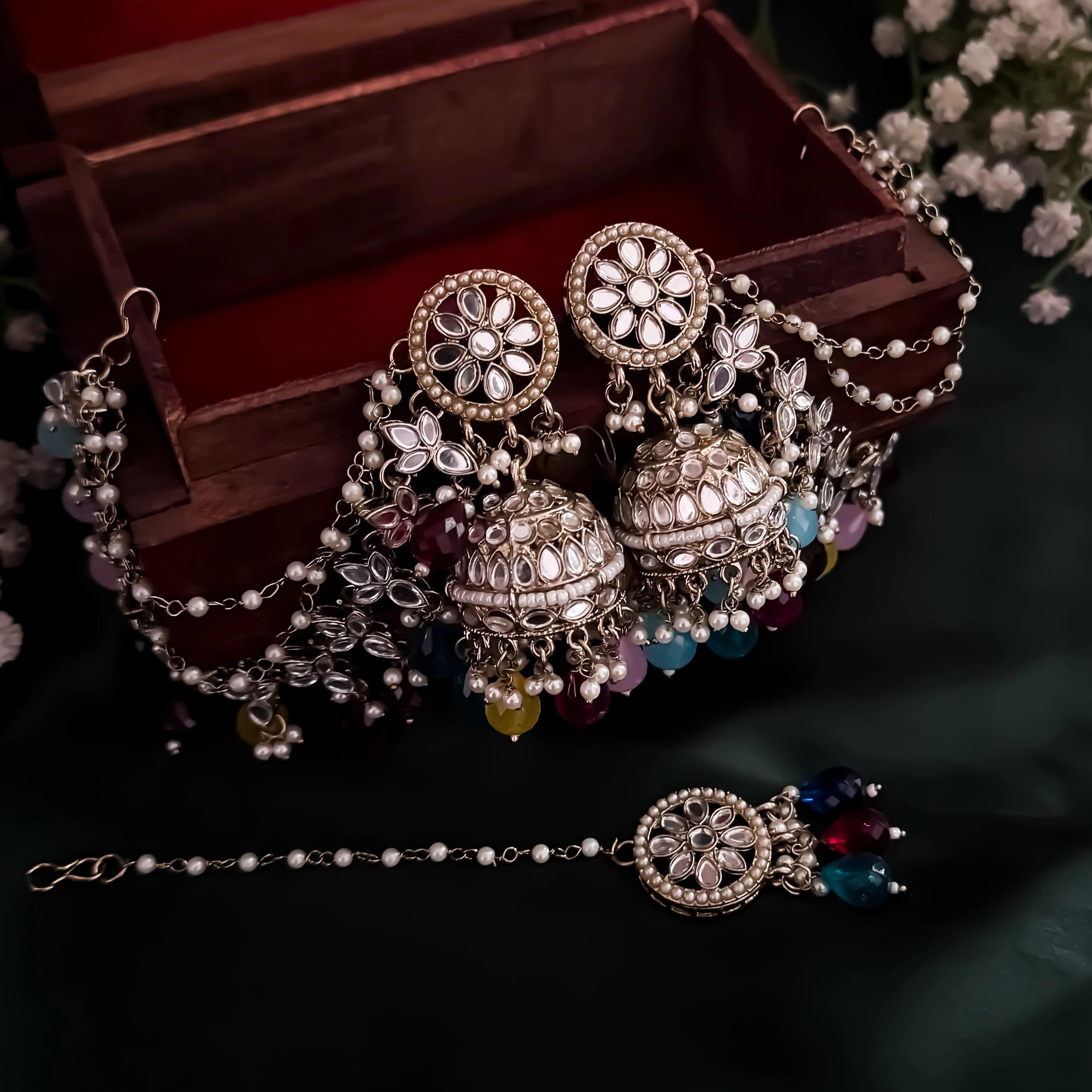 Kashish Jadau Mirror Jhumka Earrings with Sahara/Earchains - Multi - Image 3