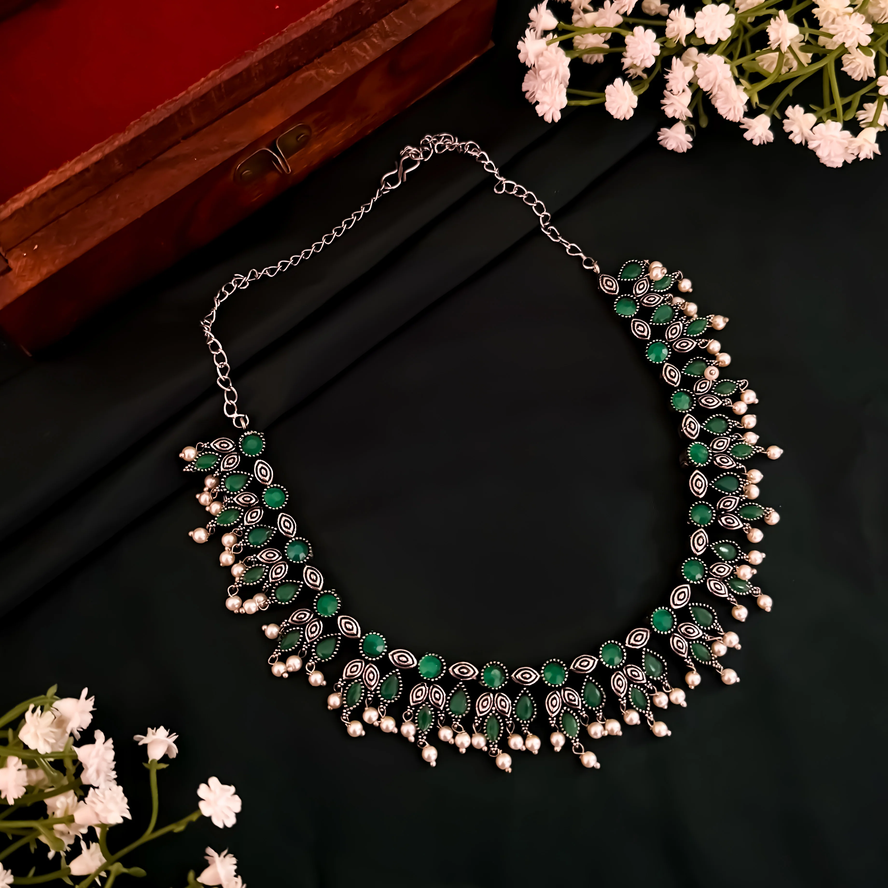 Kimaya Silver Oxidised Necklace Set- Green - Image 2