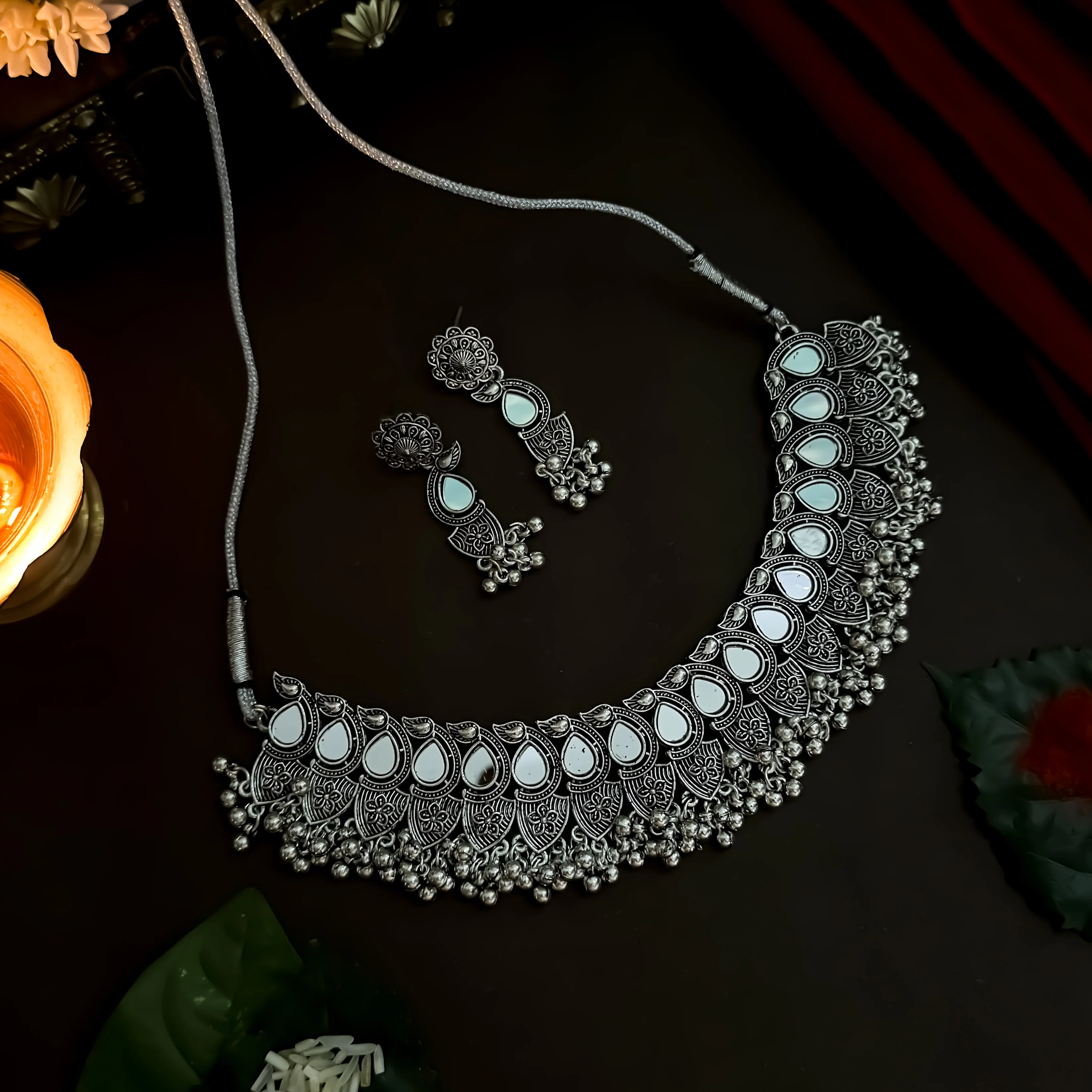 Lata Mirror Oxidised Ghunghroo Oxidised Necklace Set - Image 4