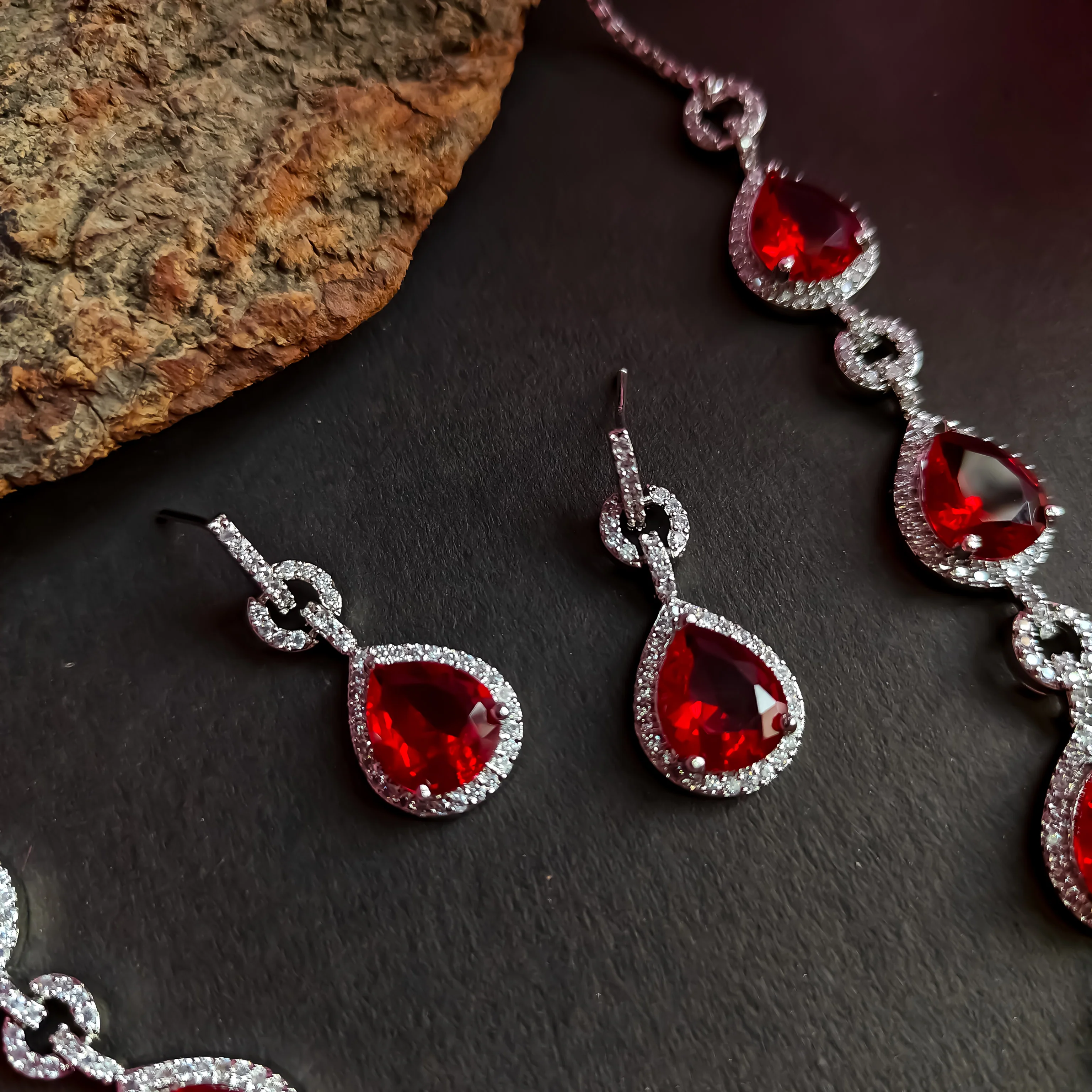 Kristine Premium American Diamond Necklace Set- Red - Image 4