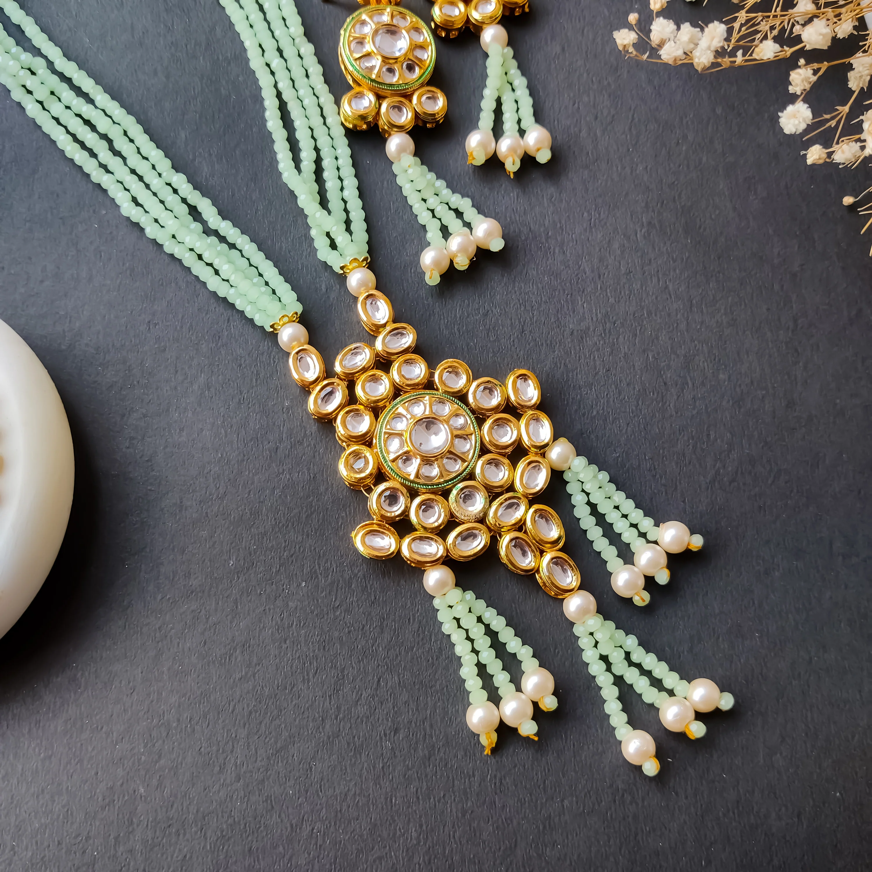Meera Vilandi Crystal Kundan Long Necklace Set - Golden & Mint Green - Image 3