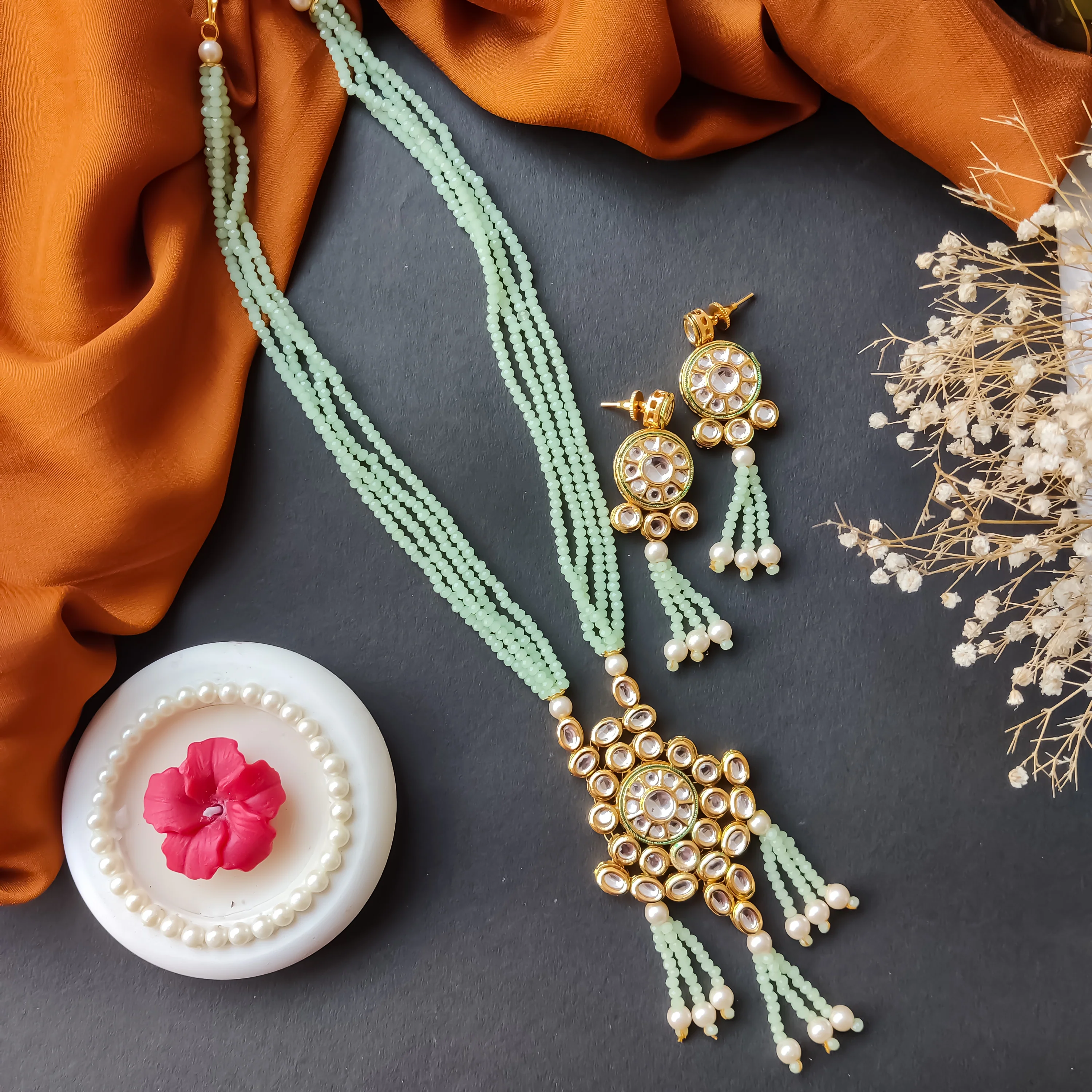 Meera Vilandi Crystal Kundan Long Necklace Set - Golden & Mint Green - Image 4