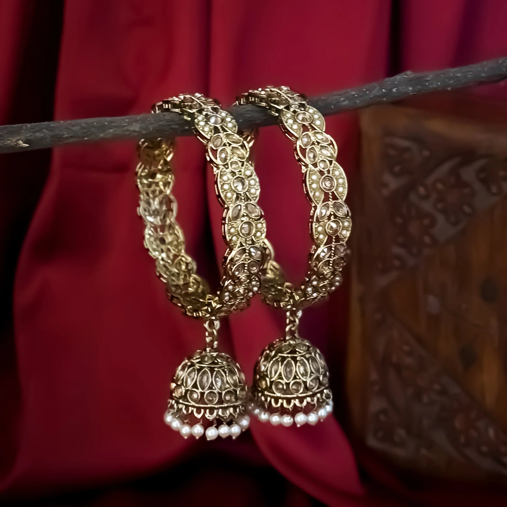 Lashkara Reverse AD Premium Jadau Kaleere Jhumka Bangles (Set of 2) - Golden - Image 2