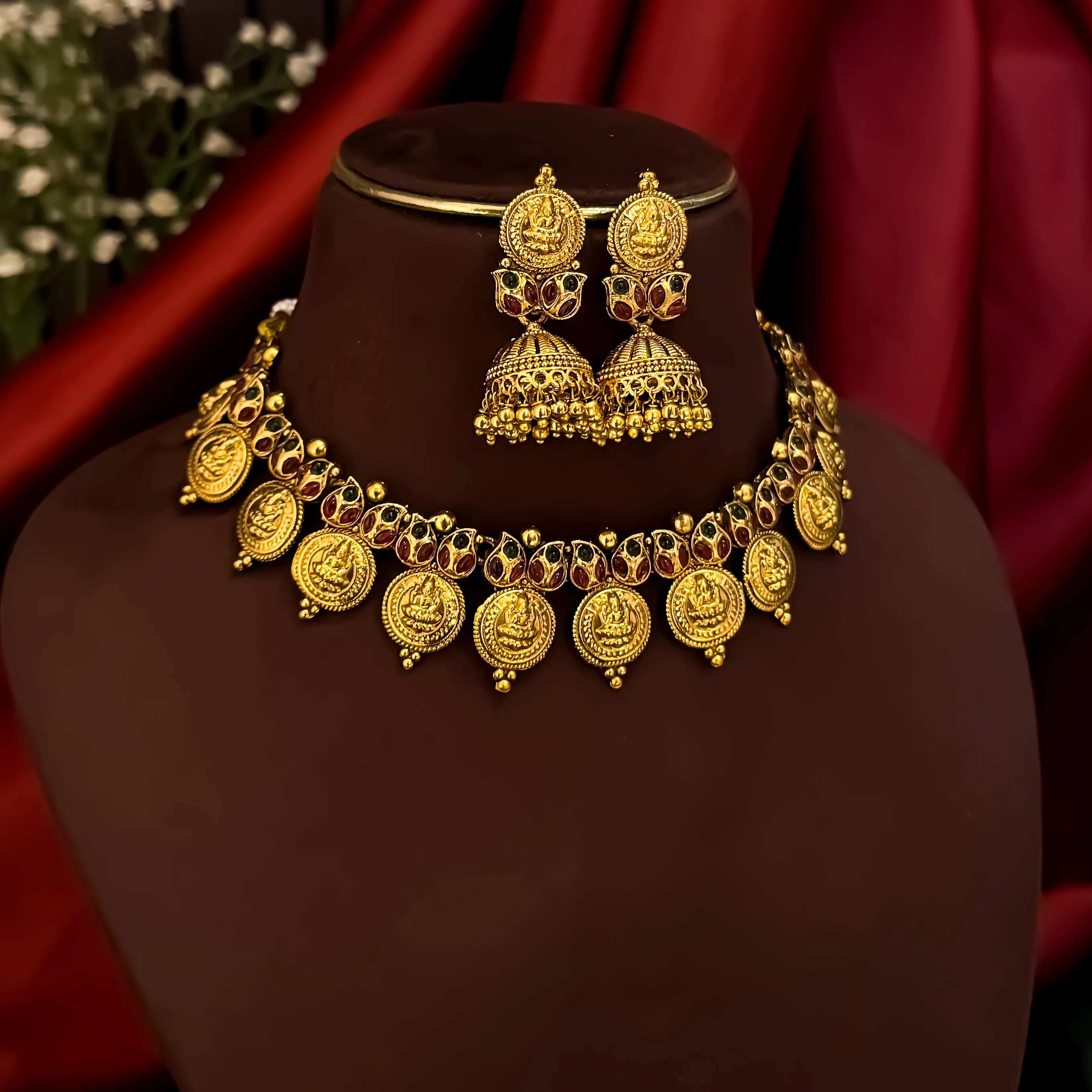 Lavika Kasumala Coin Temple Necklace Set - Pink & Green - Image 3