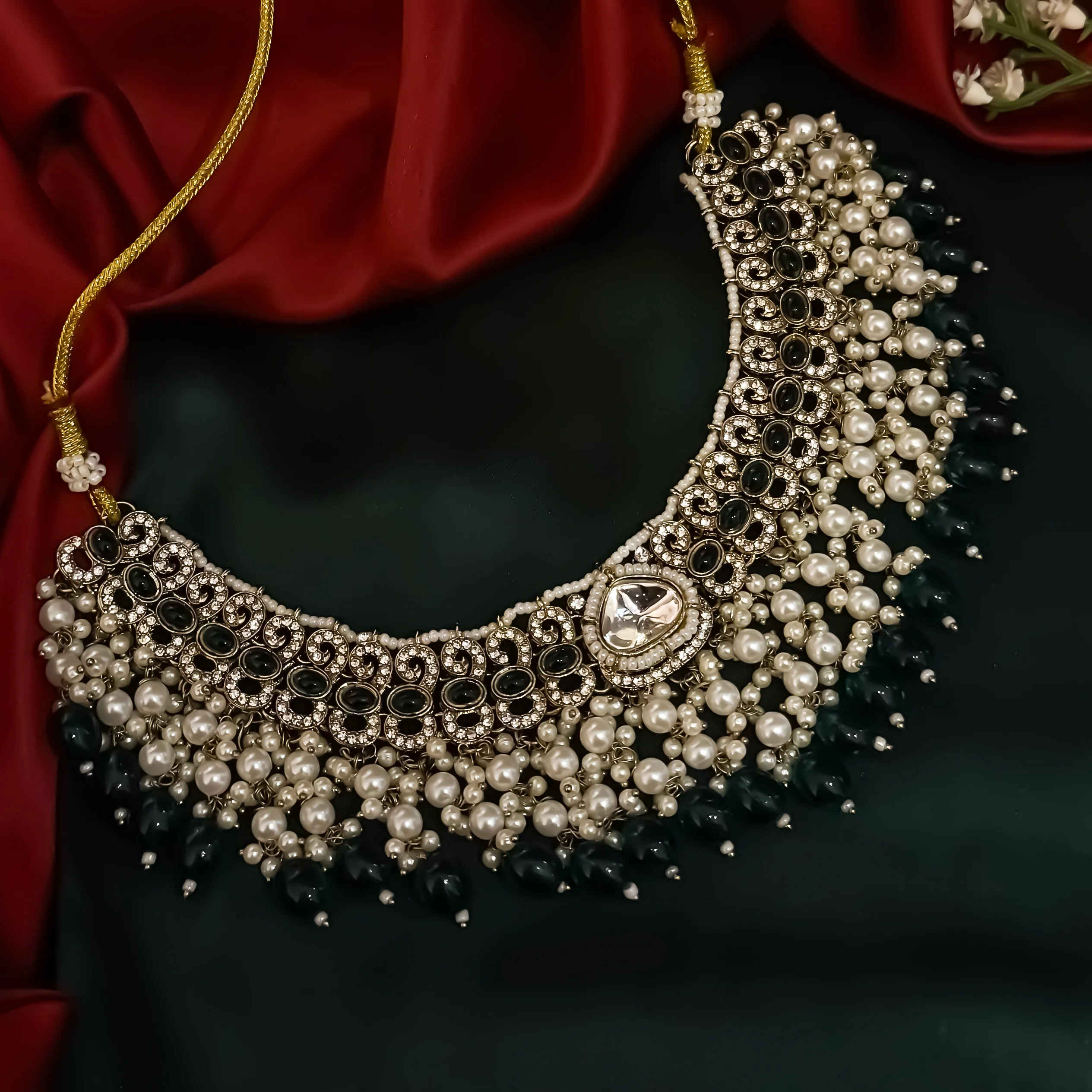 Lavya Pearl Premium Necklace Set - Green - Image 2