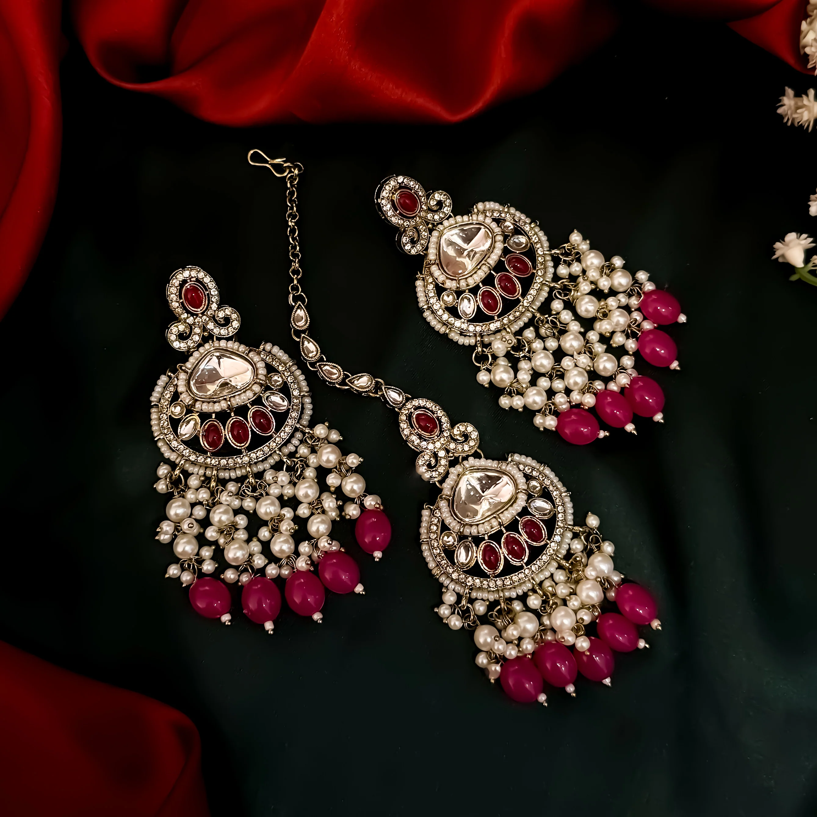 Lavya Pearl Premium Necklace Set - Hot Pink - Image 3