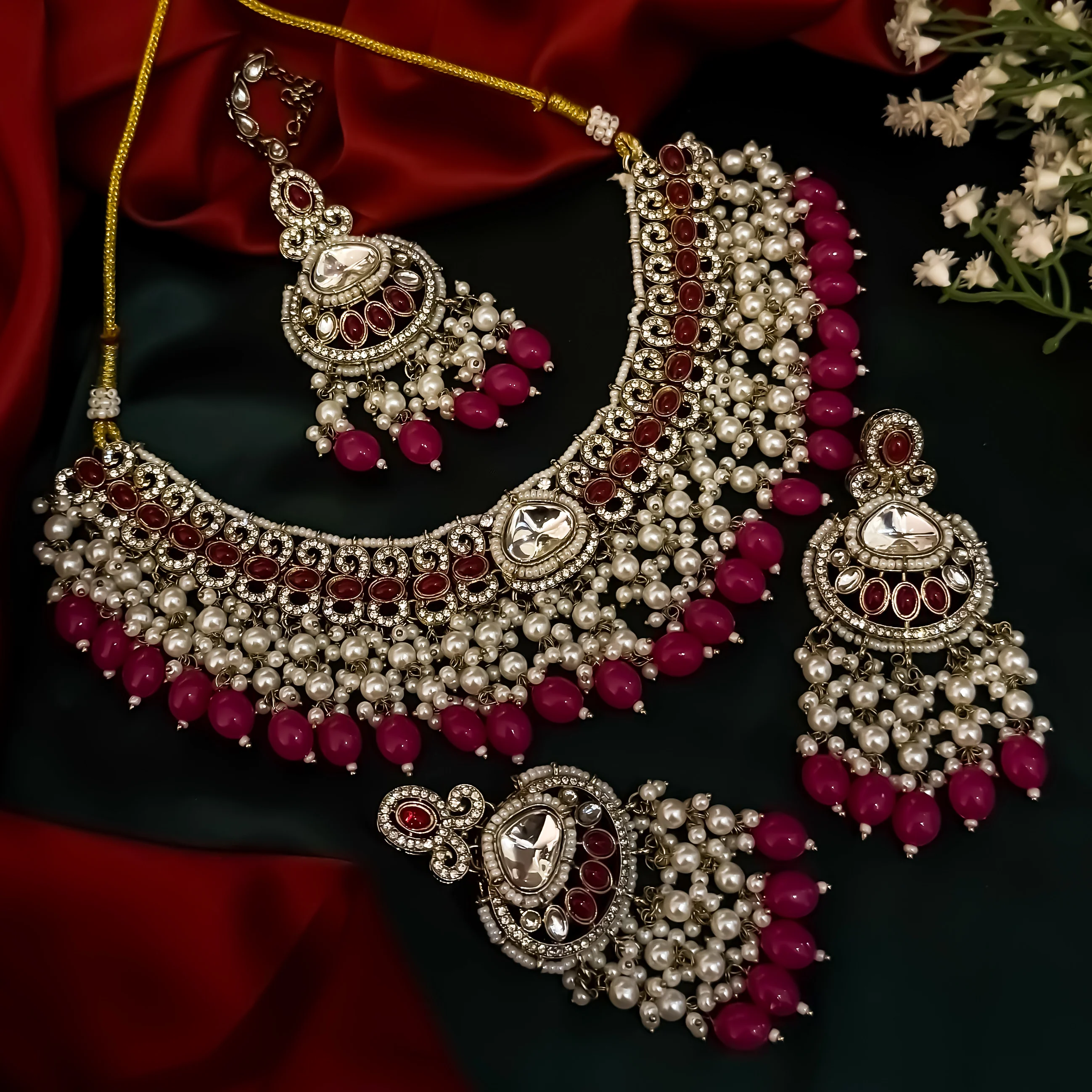 Lavya Pearl Premium Necklace Set - Hot Pink - Image 6