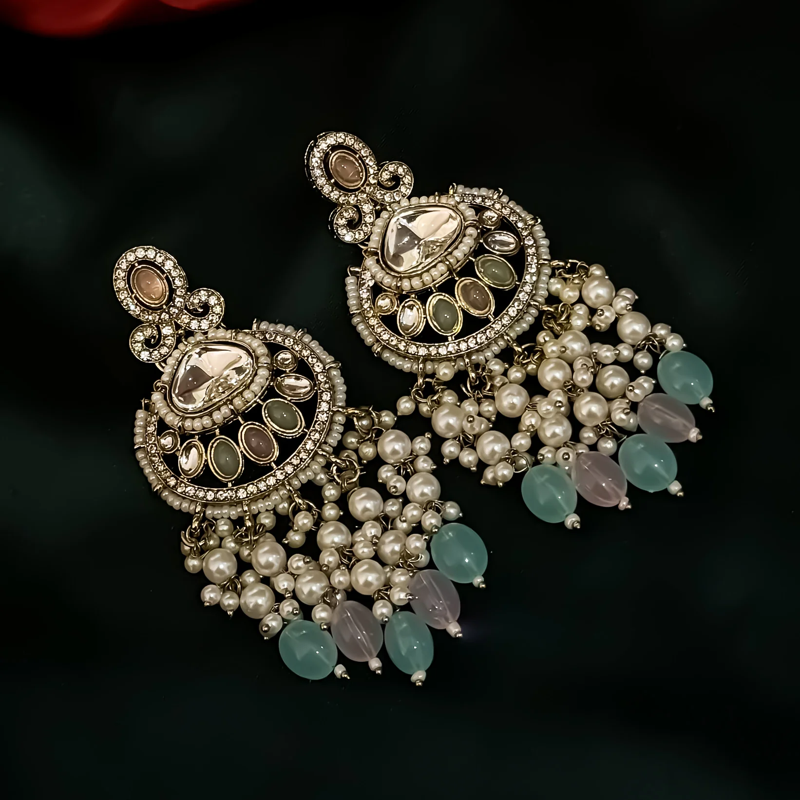 Lavya Pearl Premium Necklace Set - Pastel Pink & Pastel Green - Image 4