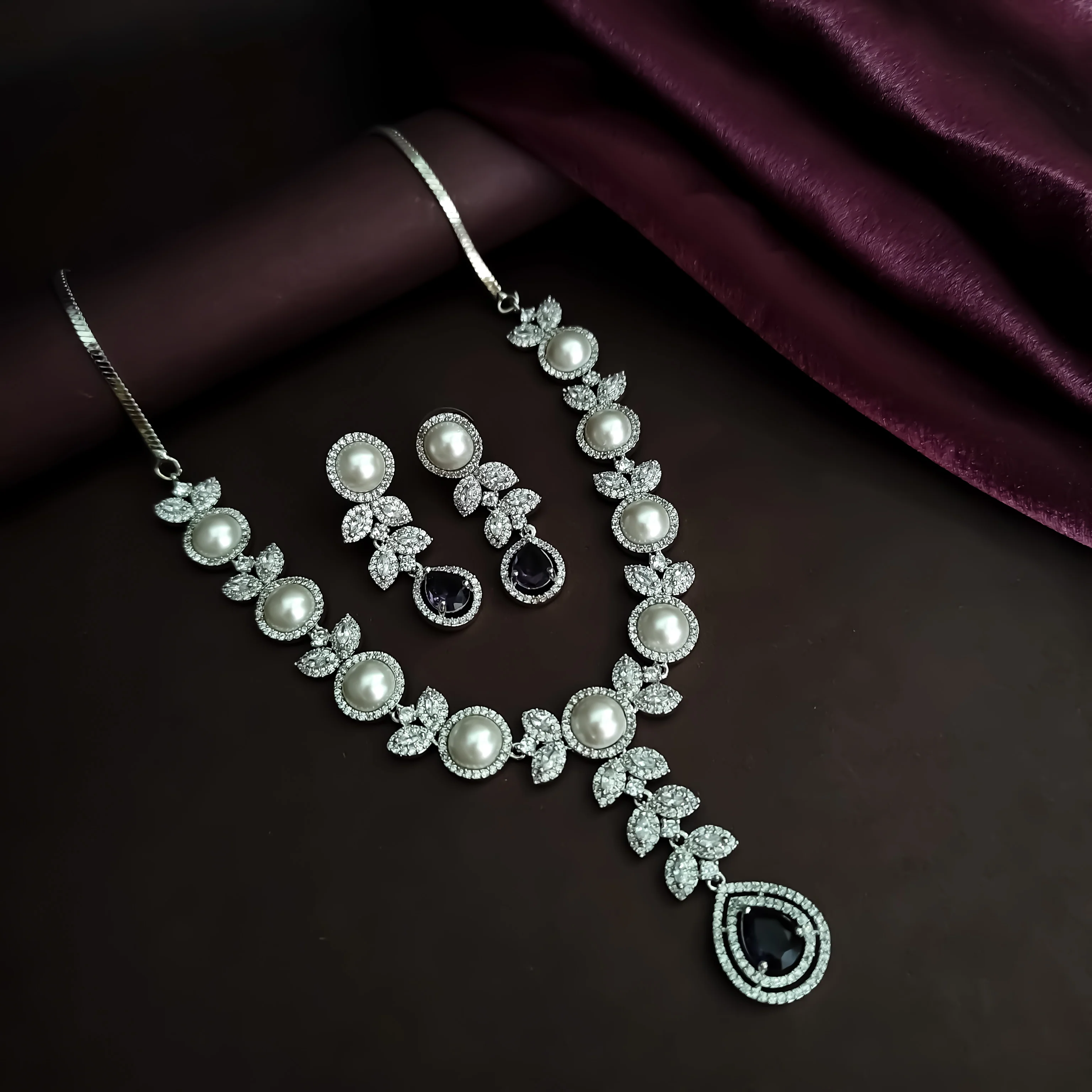 Lisha American Diamond Necklace Set - Purple - Image 3