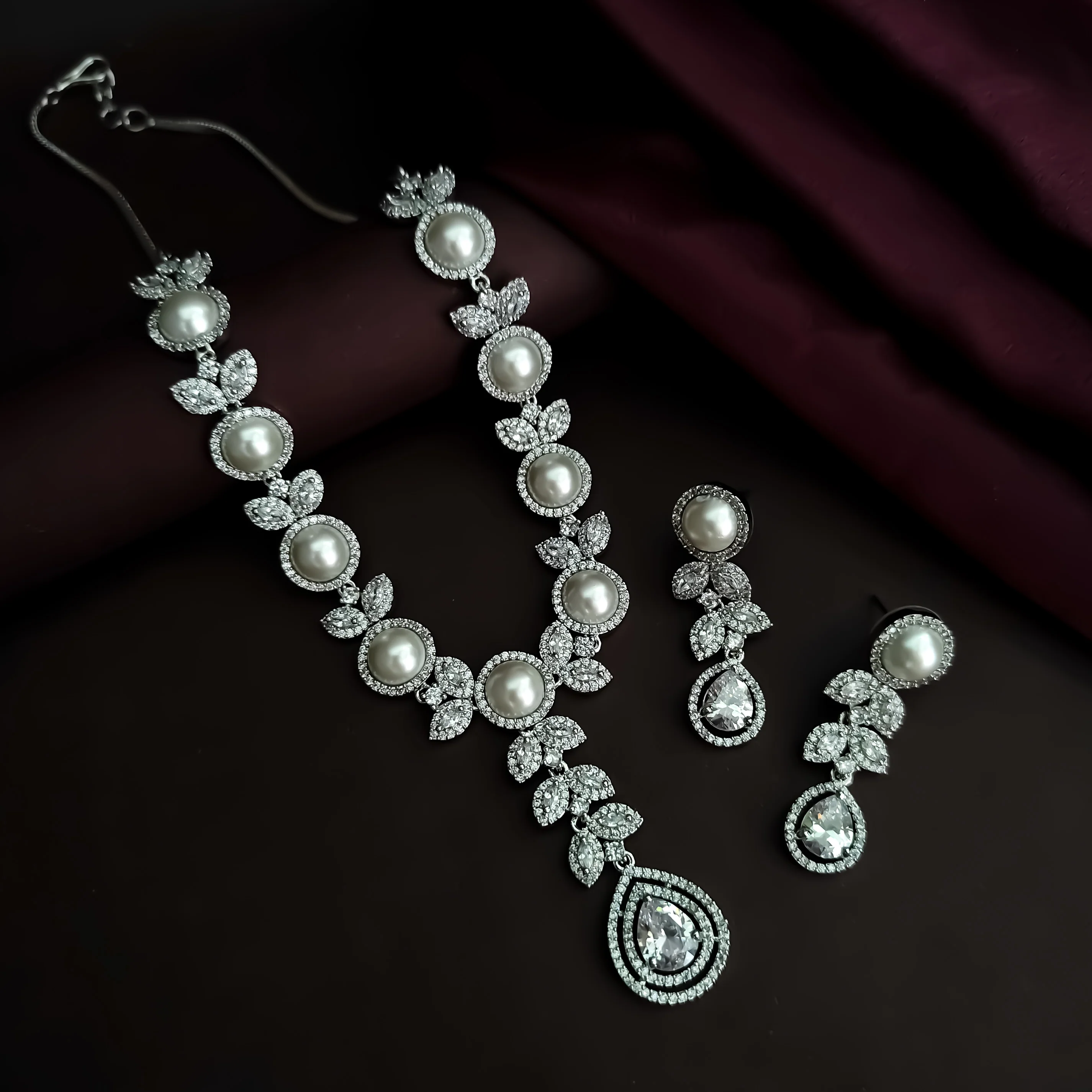 Lisha American Diamond Necklace Set - Crystal White - Image 3