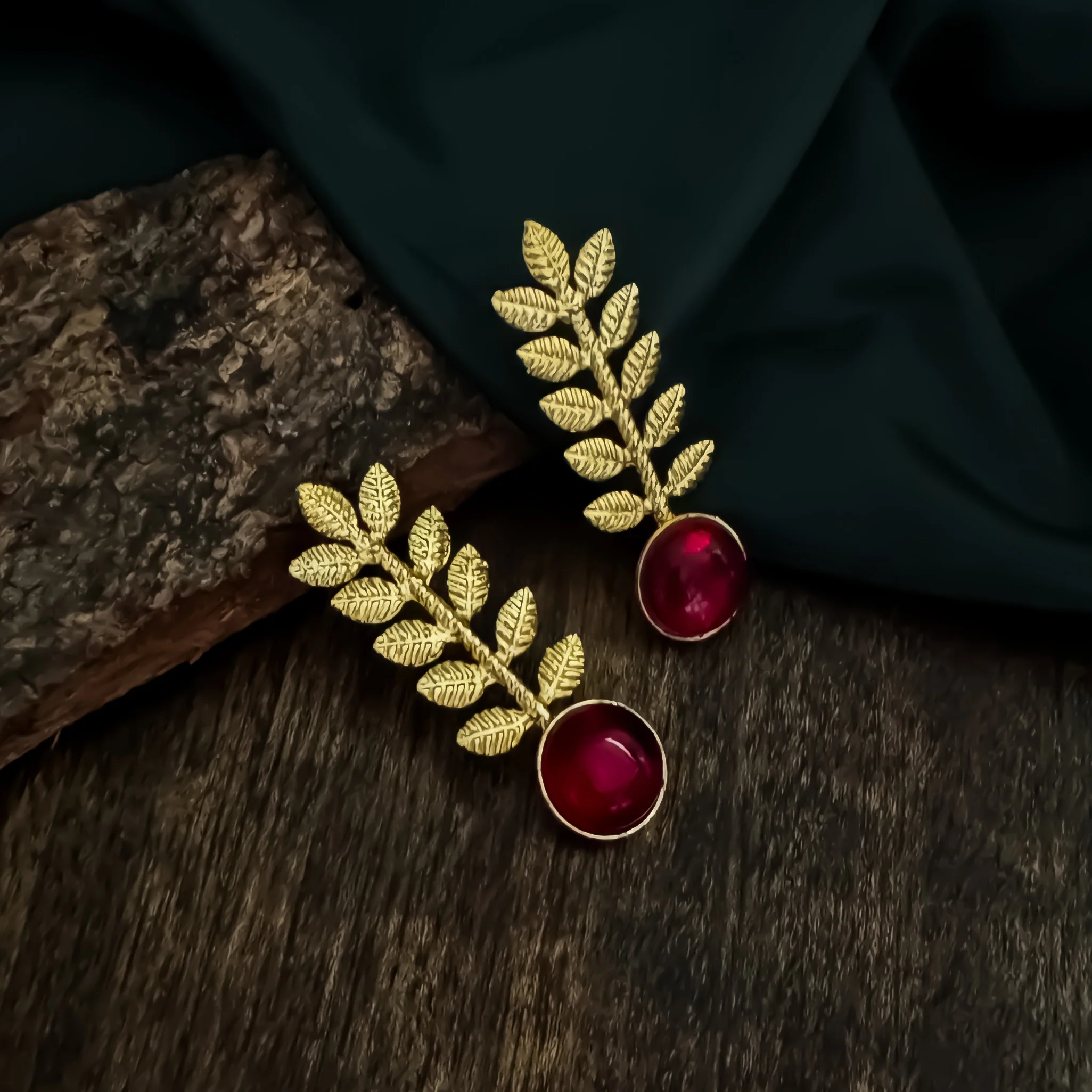 Lina Leaf Drop Handcrafted Brass Earrings - Maroon - Image 3
