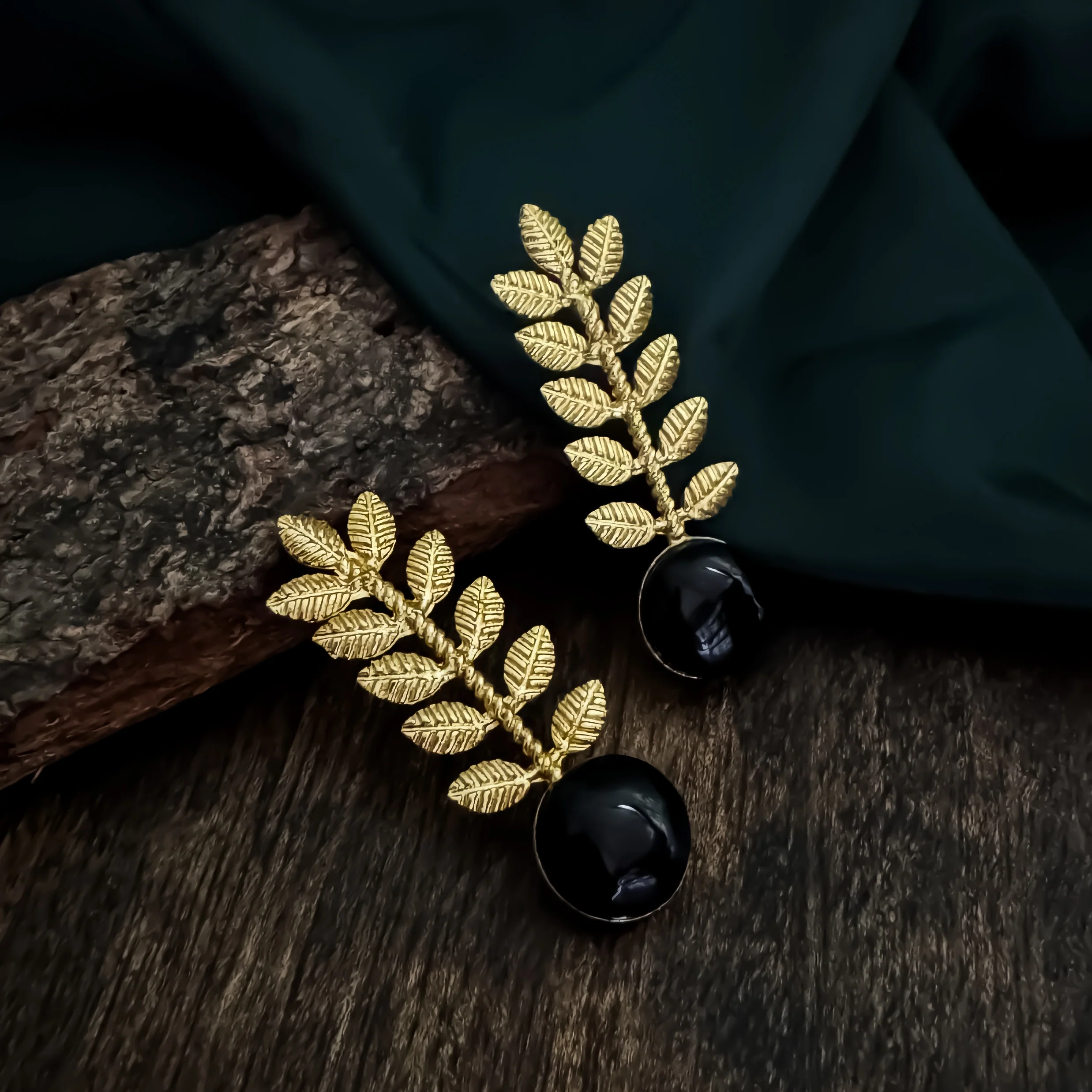Lina Leaf Drop Handcrafted Brass Earrings - Black - Image 3