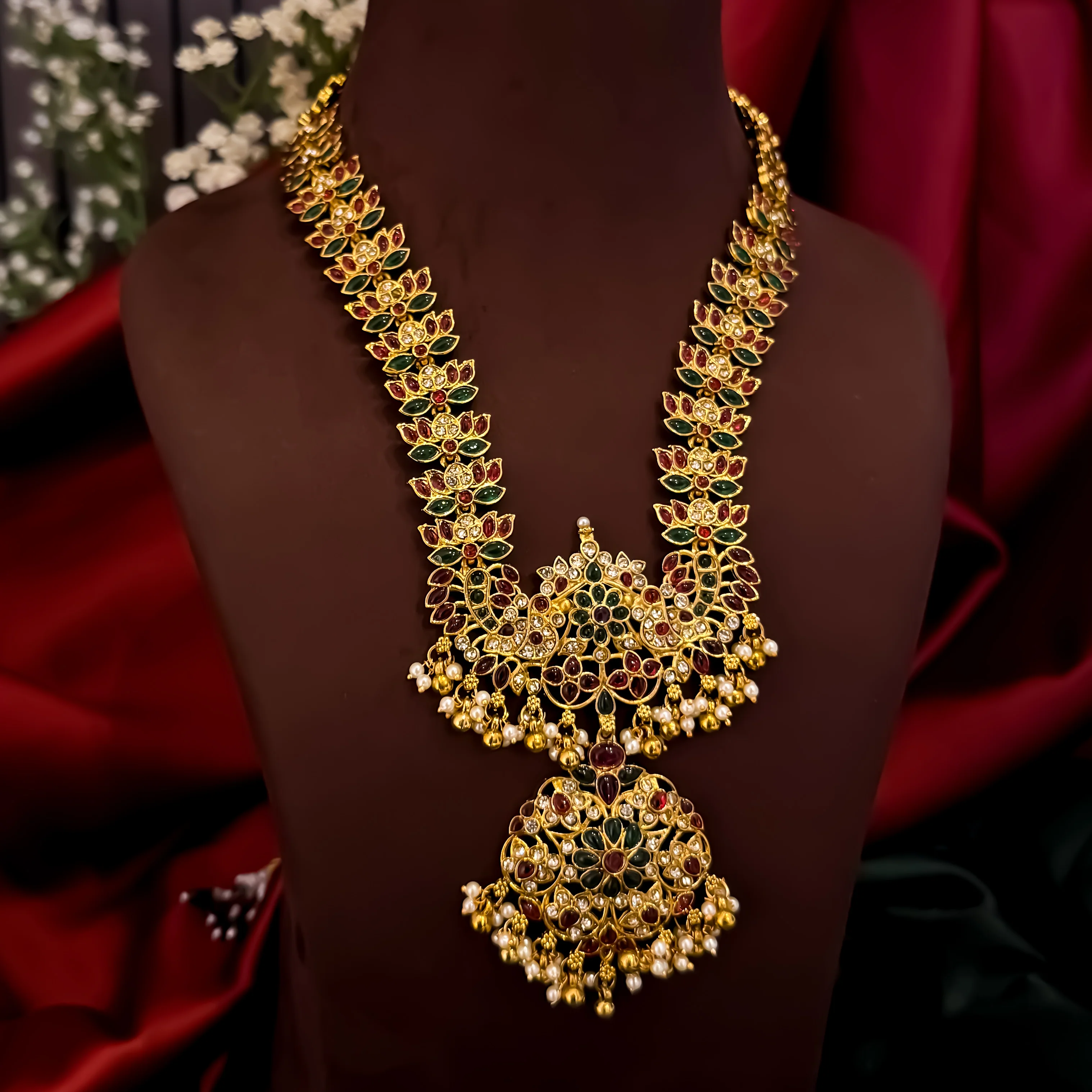 Chandrika Temple Motif Long Necklace Set - Pink & Green - Image 2