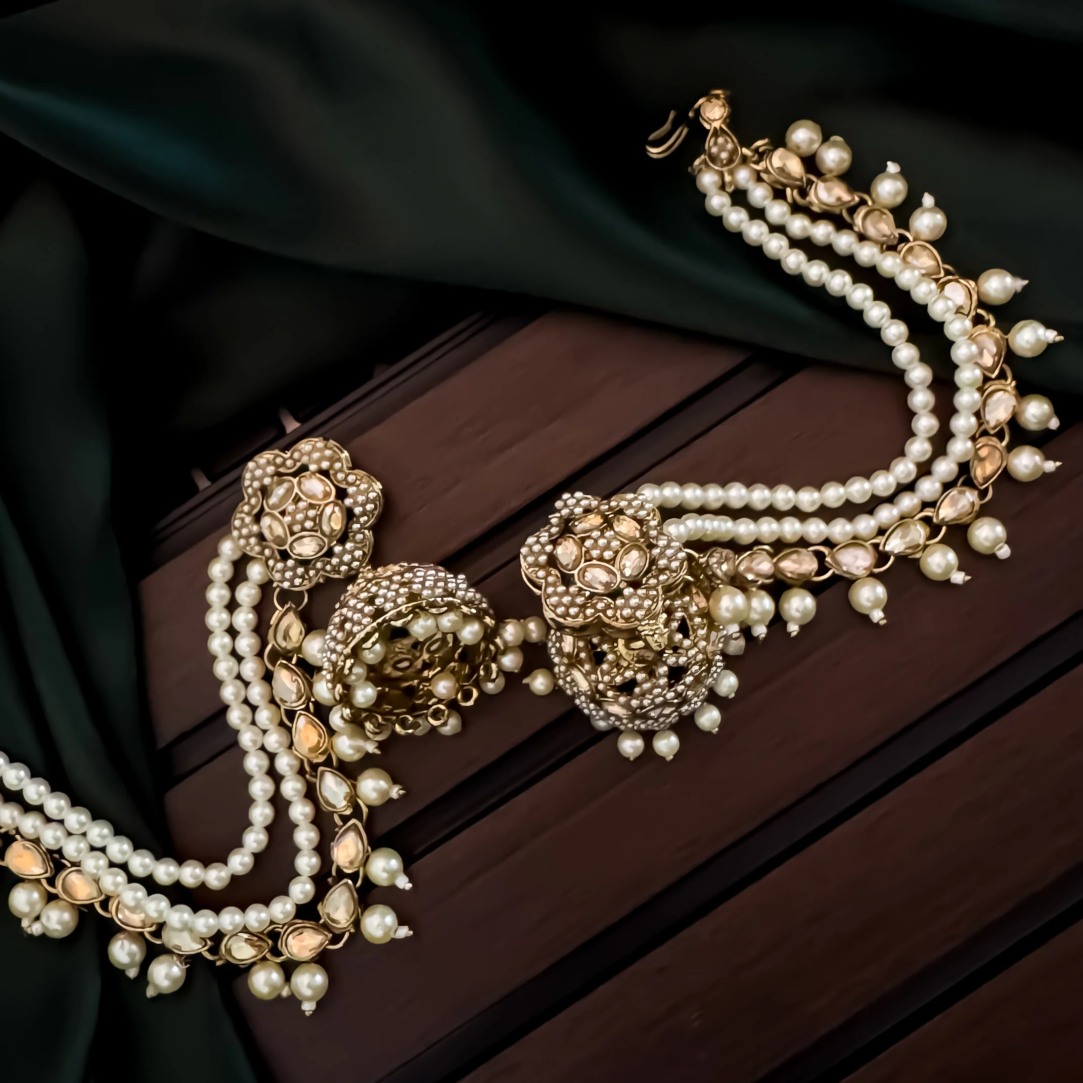 Manika Jadau Jhumka Earrings with Sahara/Earchains - Golden - Image 3