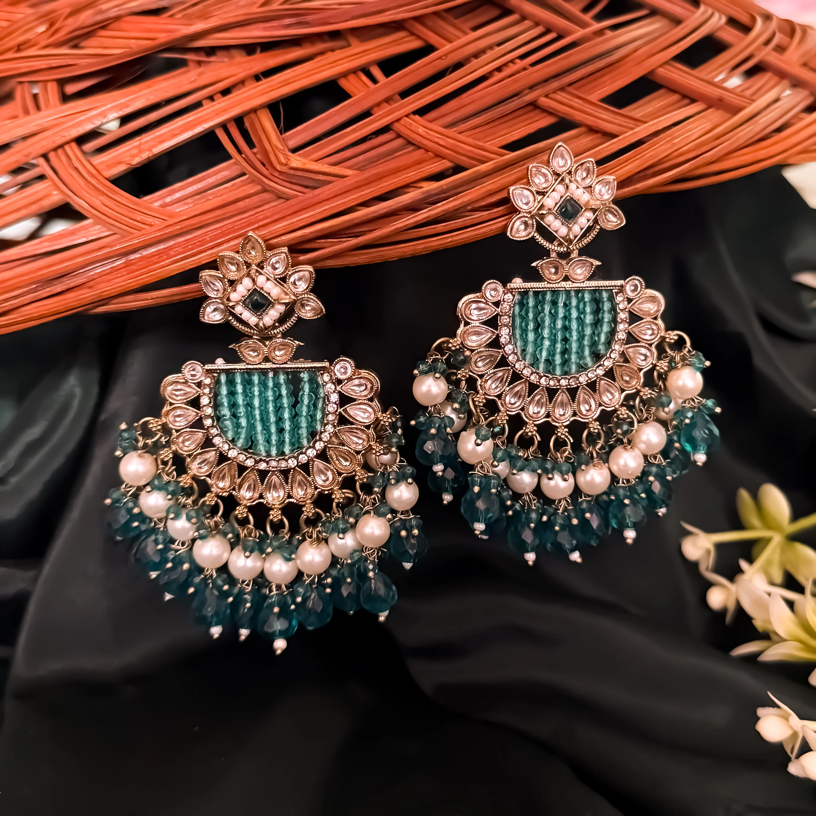 Mansa Kundan Pearl Chandbali - Peacock Blue - Image 3