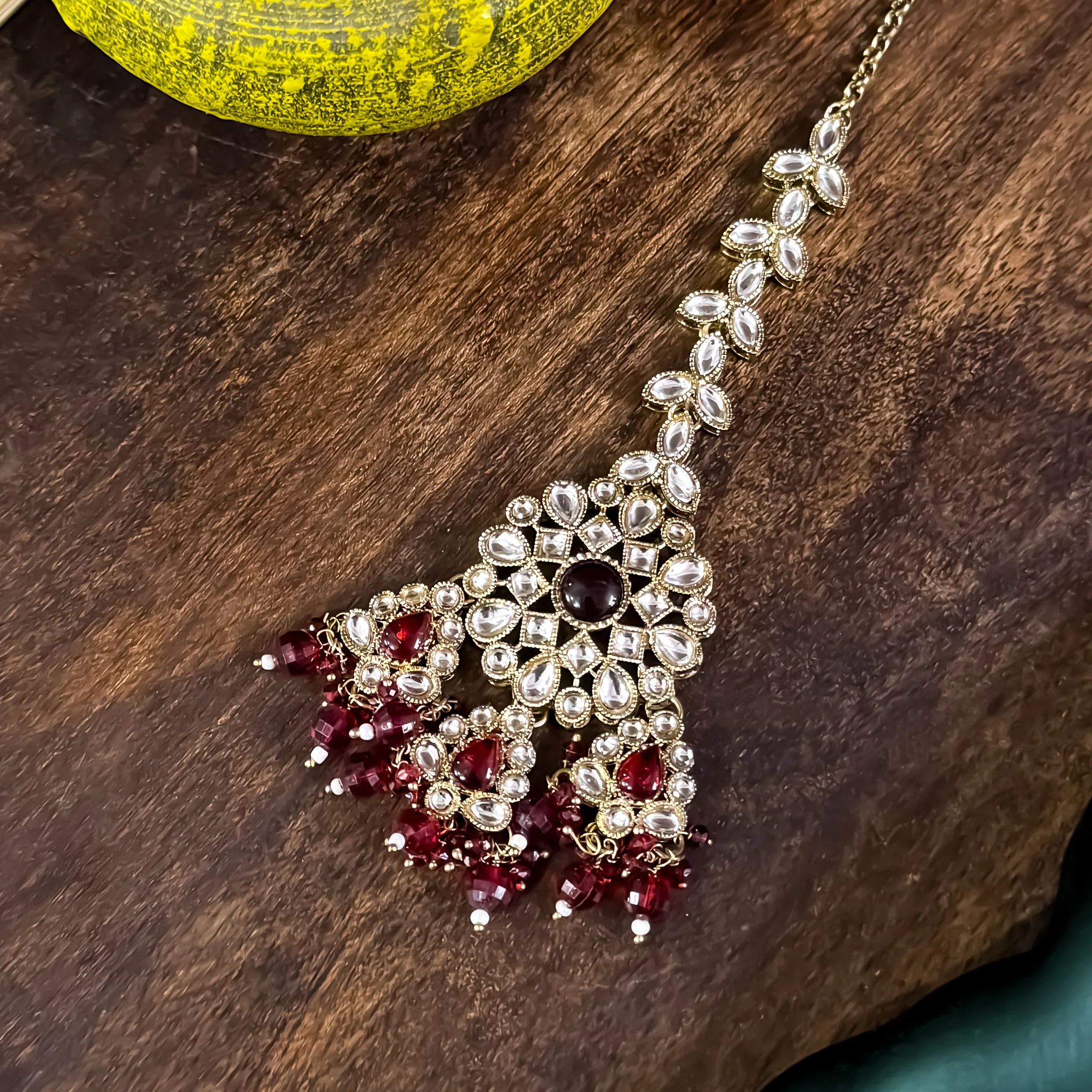 Shabana Premium Kundan Pearl Choker Necklace Set - Maroon - Image 5
