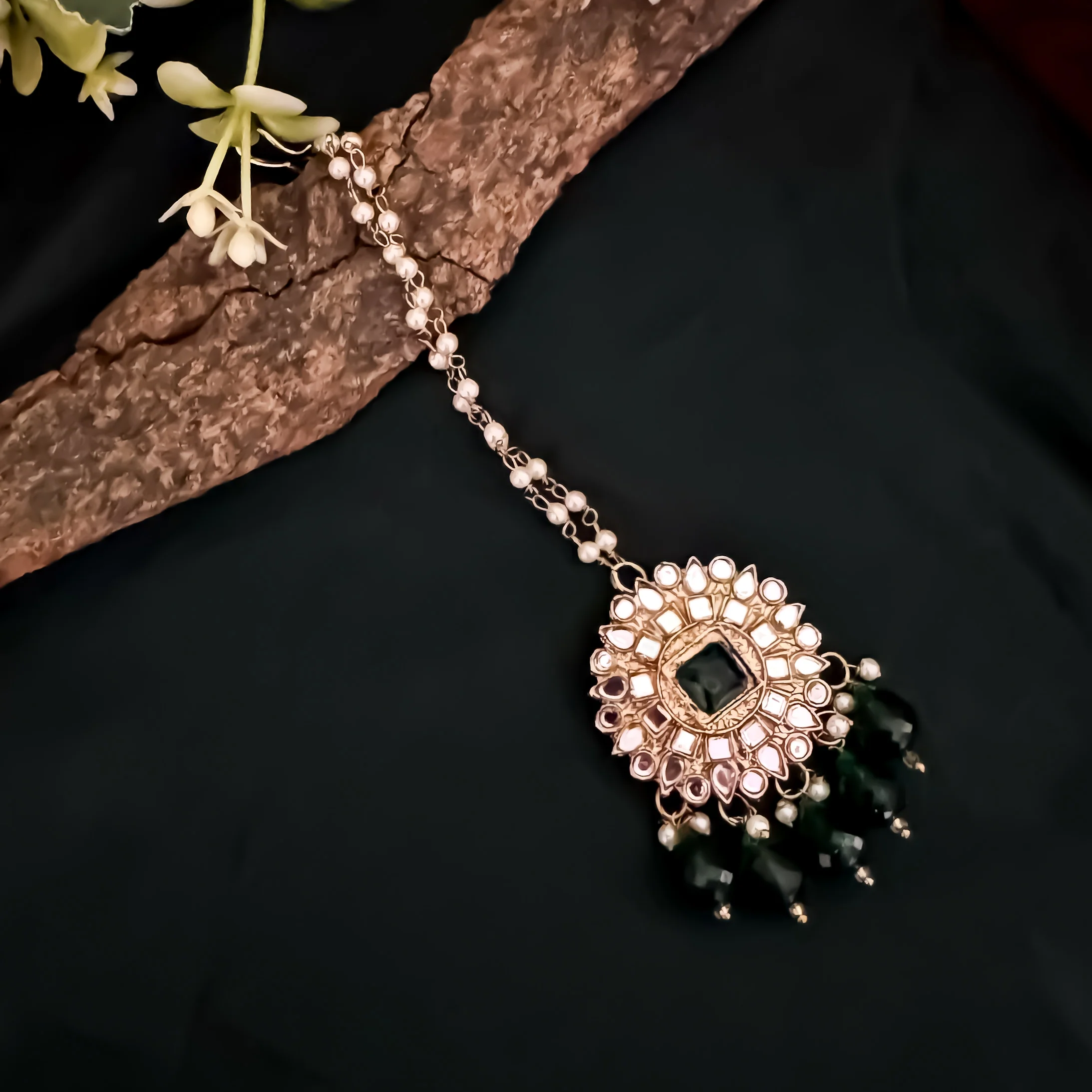 Masaba Mirror Jhumka Earrings with Sahara & Tika Set - Green - Image 3