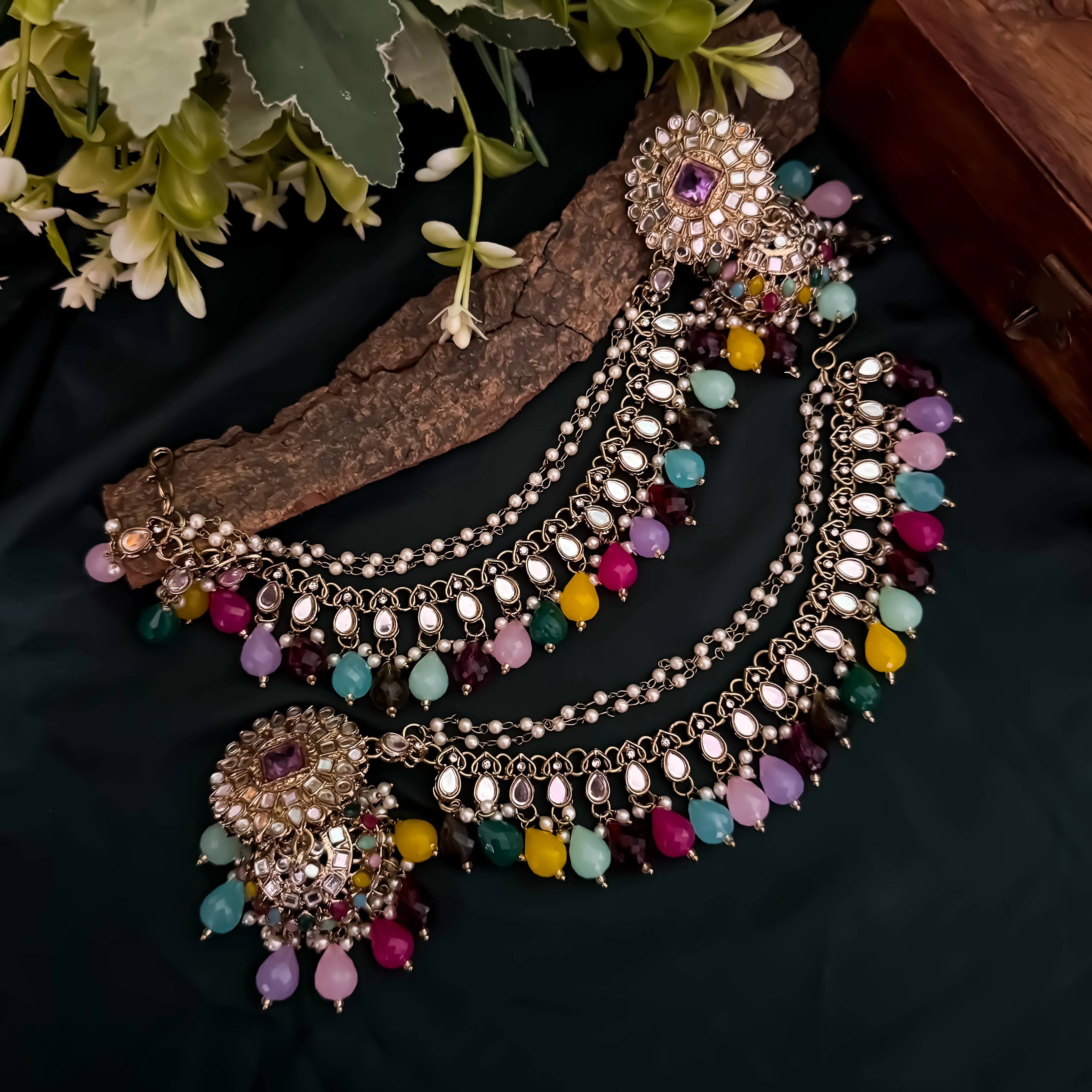 Masaba Mirror Jhumka Earrings with Sahara & Tika Set - Multi - Image 3