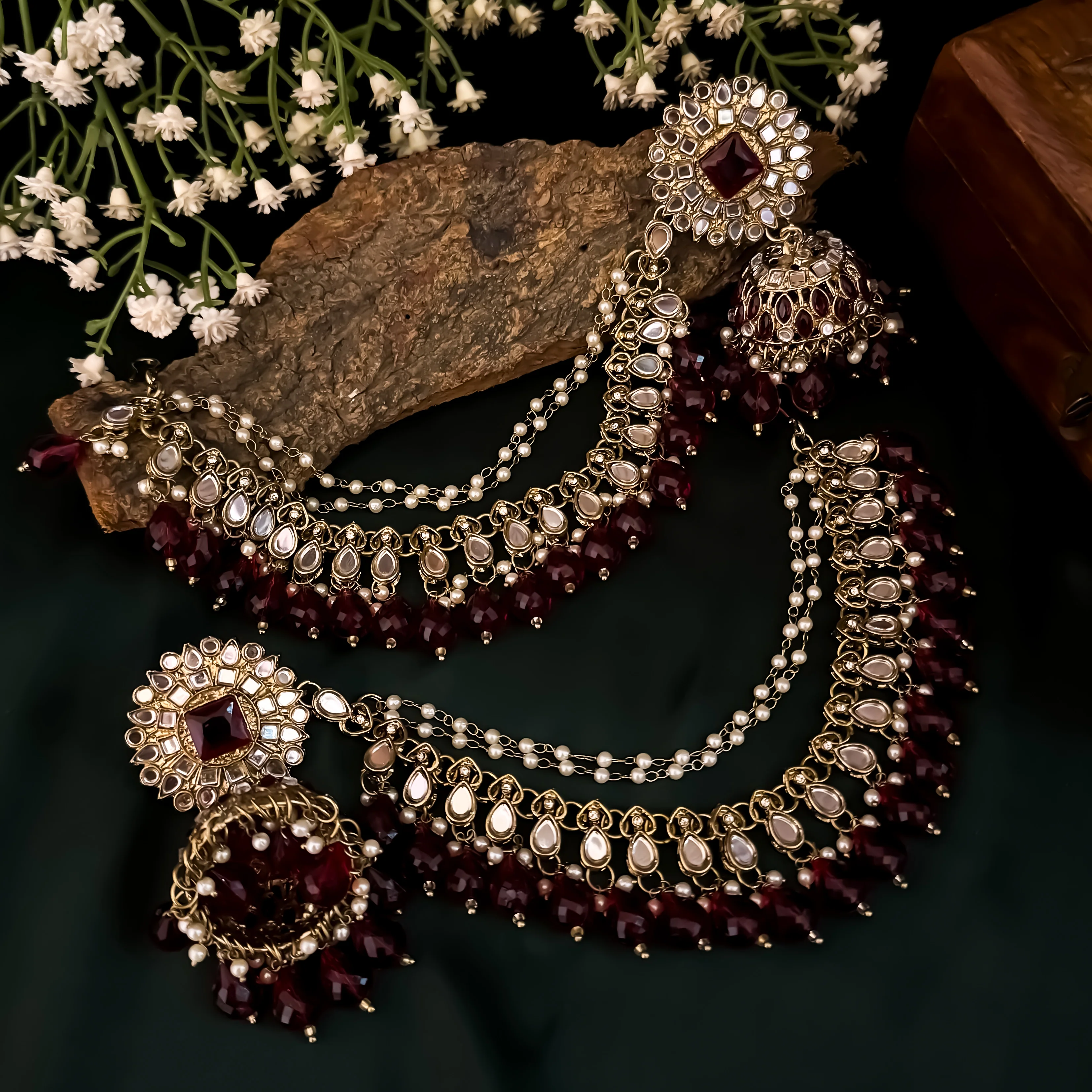 Masaba Mirror Jhumka Earrings with Sahara & Tika Set - Maroon - Image 2