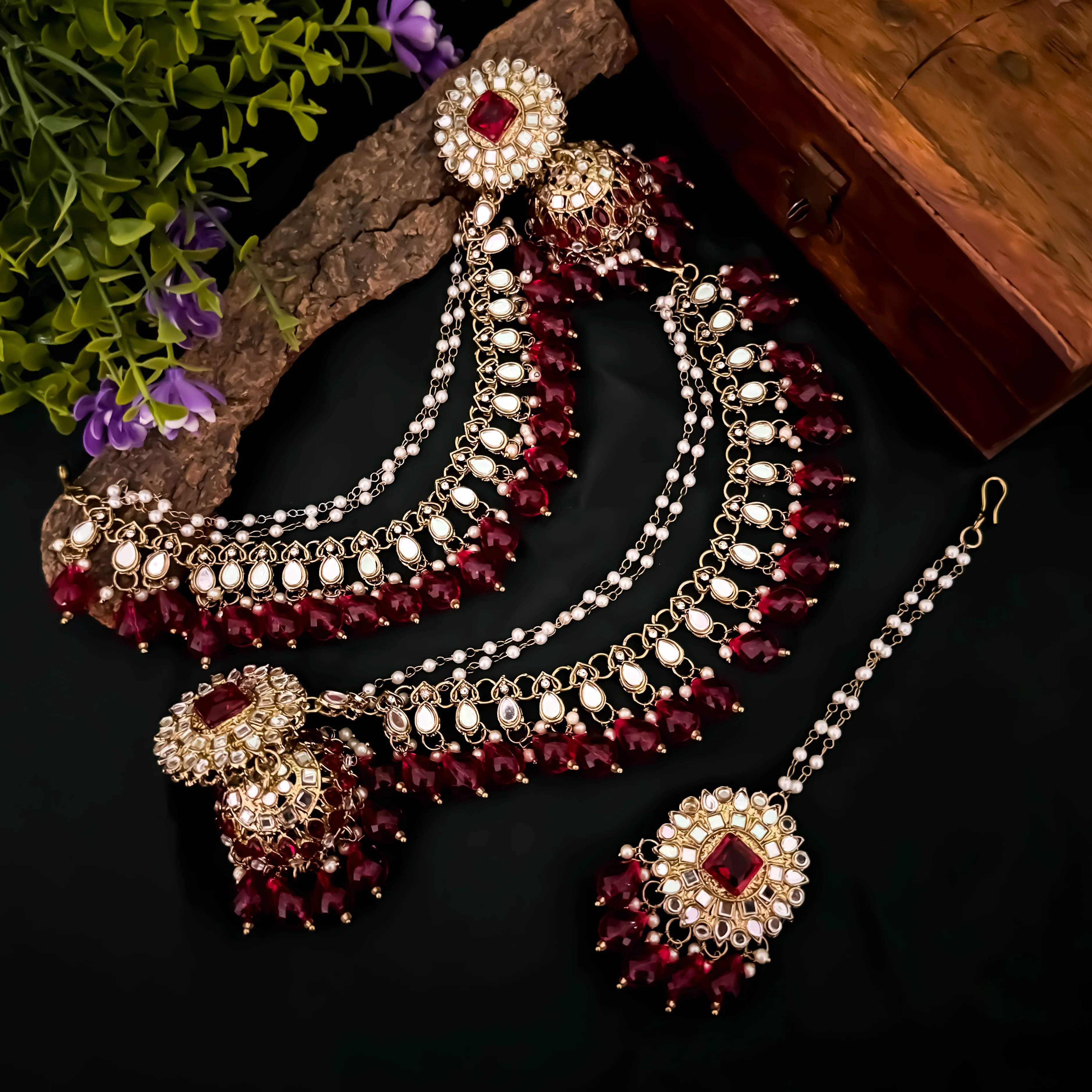 Masaba Mirror Jhumka Earrings with Sahara & Tika Set - Magenta Pink