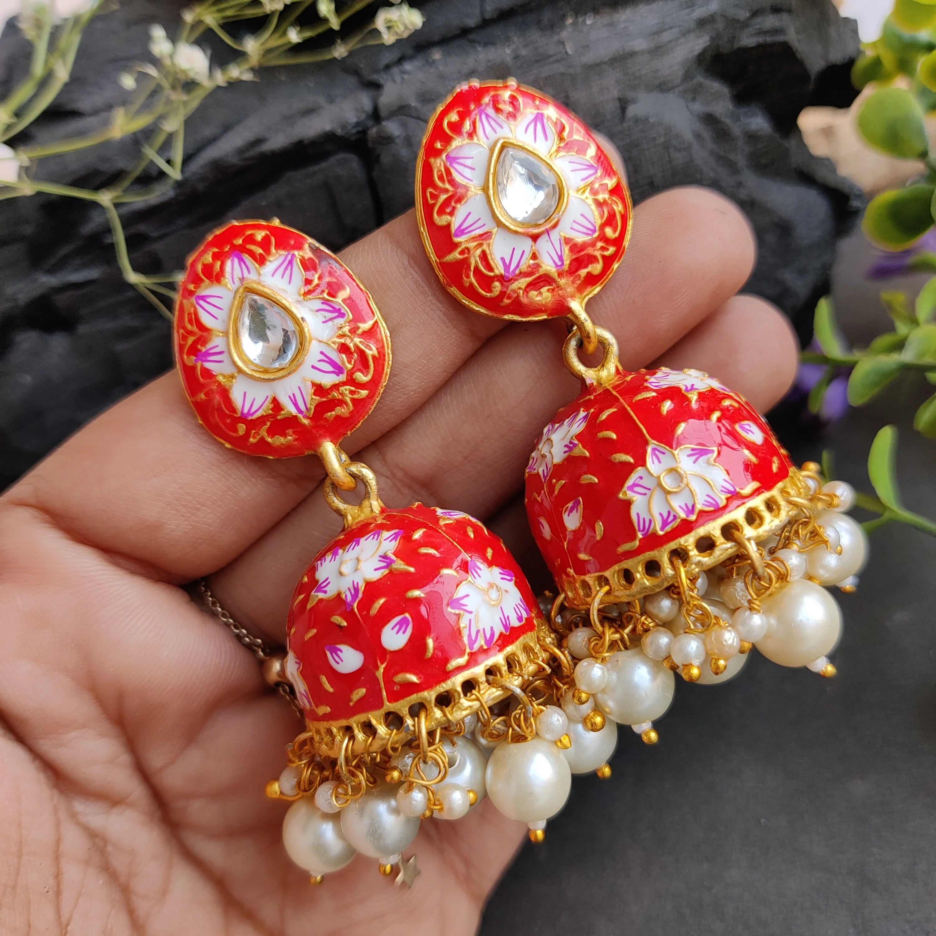 Meenakari Kundan Stud Jhumka Earrings - Image 8