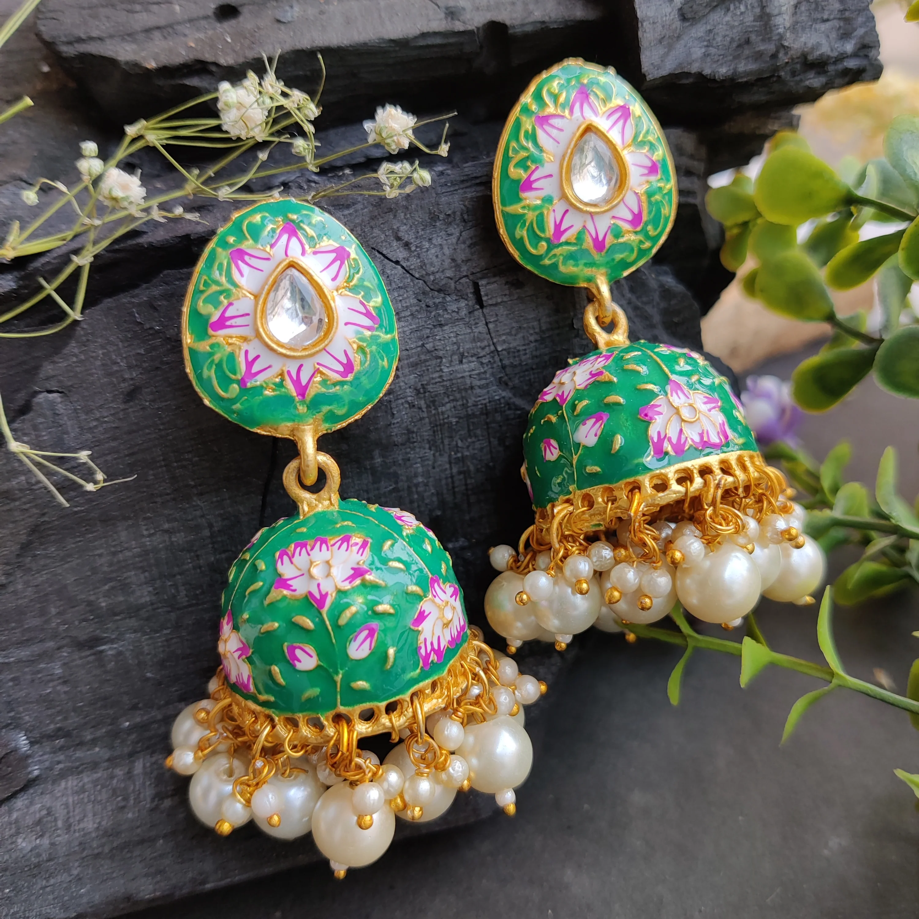 Meenakari Kundan Stud Jhumka Earrings - Image 9