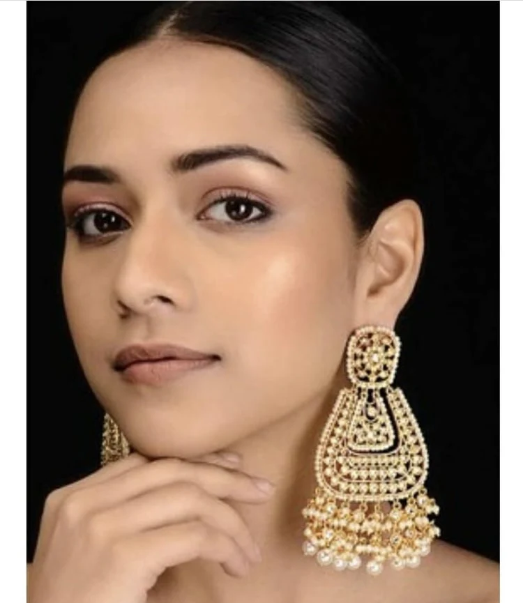 Meenakari Bottle Green Pearl Chandbali Earrings - Image 3