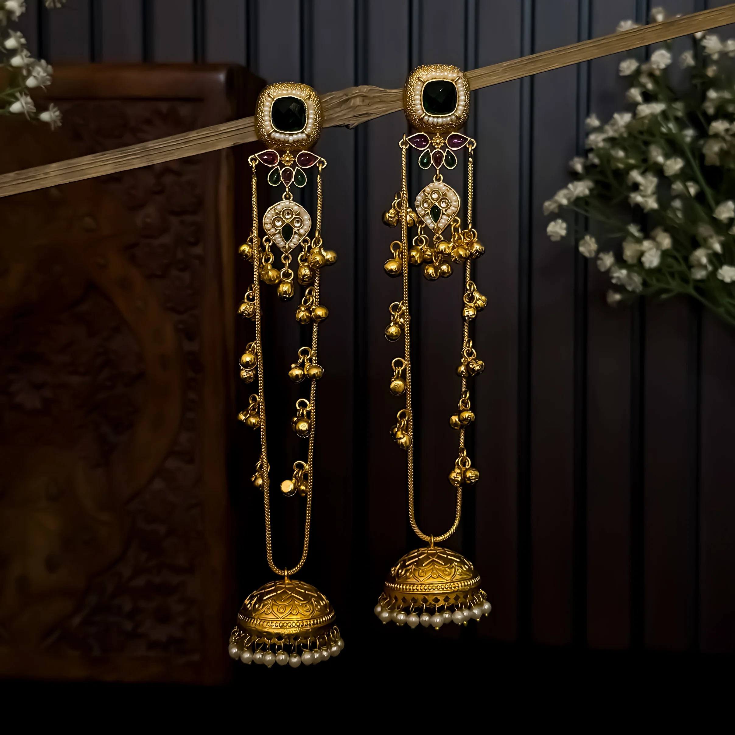 Meghana Premium Kashmiri Brass Ghungroo Jhumka Earrings - Green