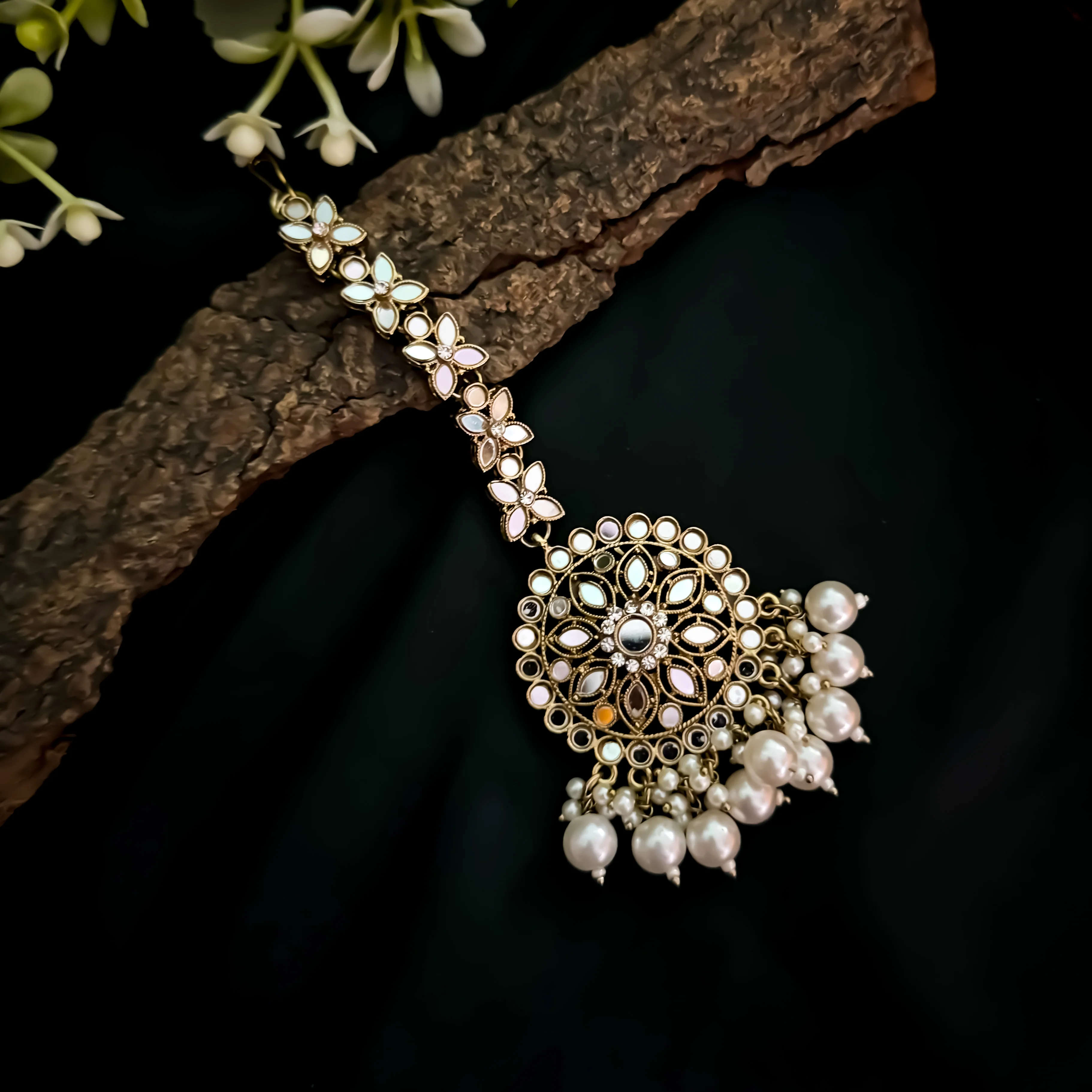 Mehek Mirror Jhumka Earrings with Sahara & Teeka - Golden - Image 4