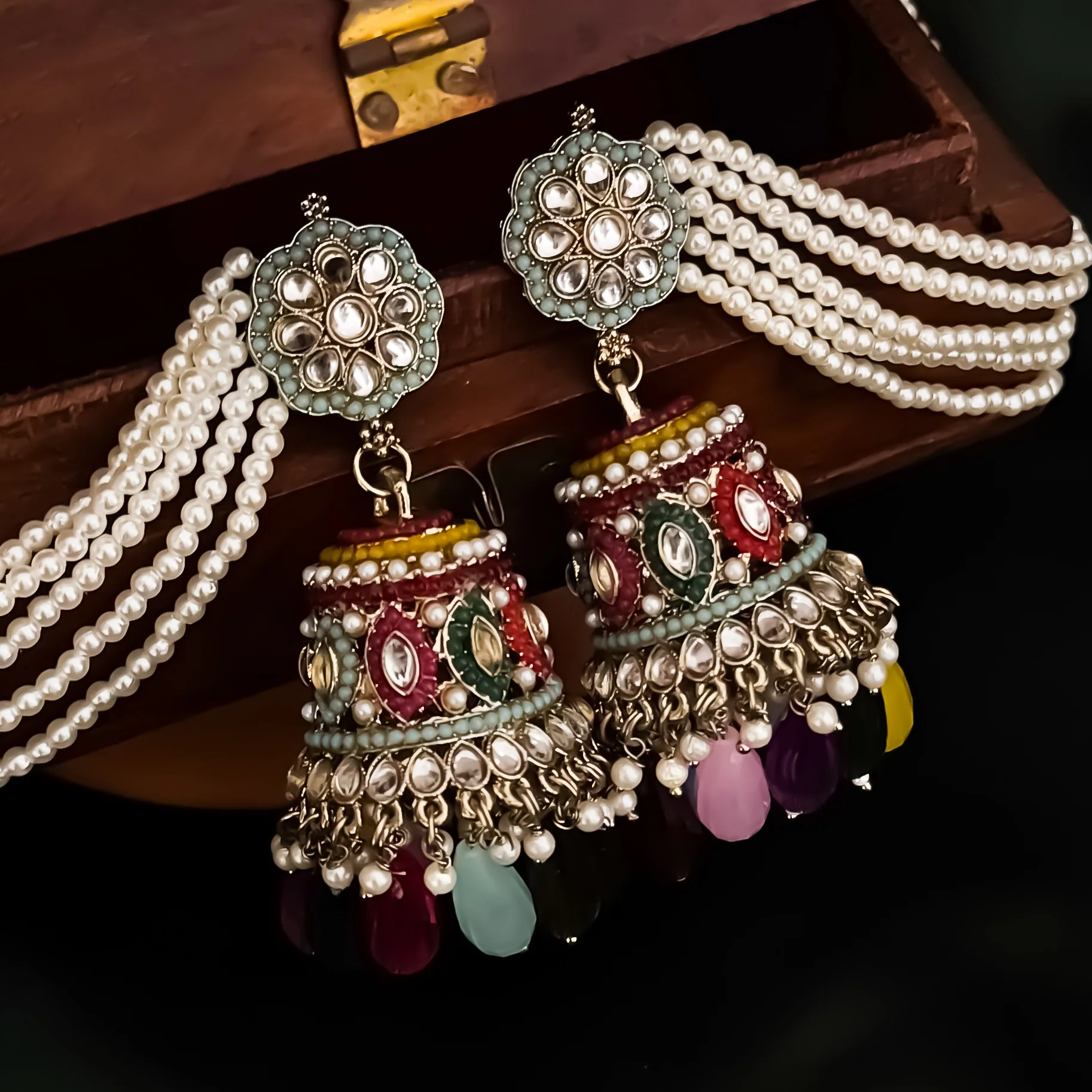 Meher Jadau Reverse AD Jhumka Earrings with Earchain - Multi - Image 4