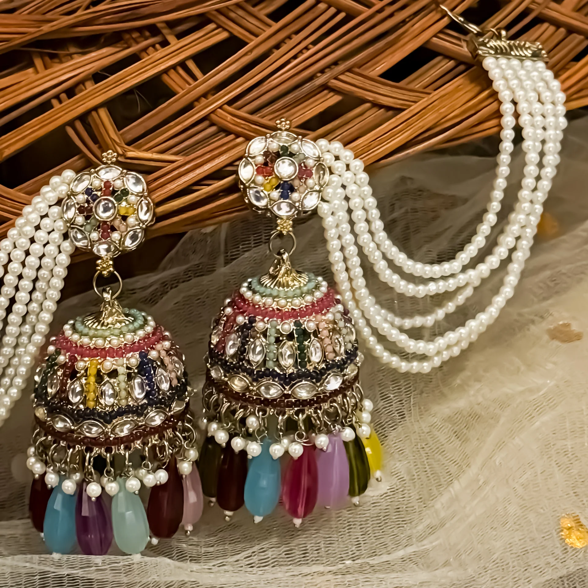 Mehvish Jadau Reverse AD Jhumka Earrings with Earchain - Multi - Image 3